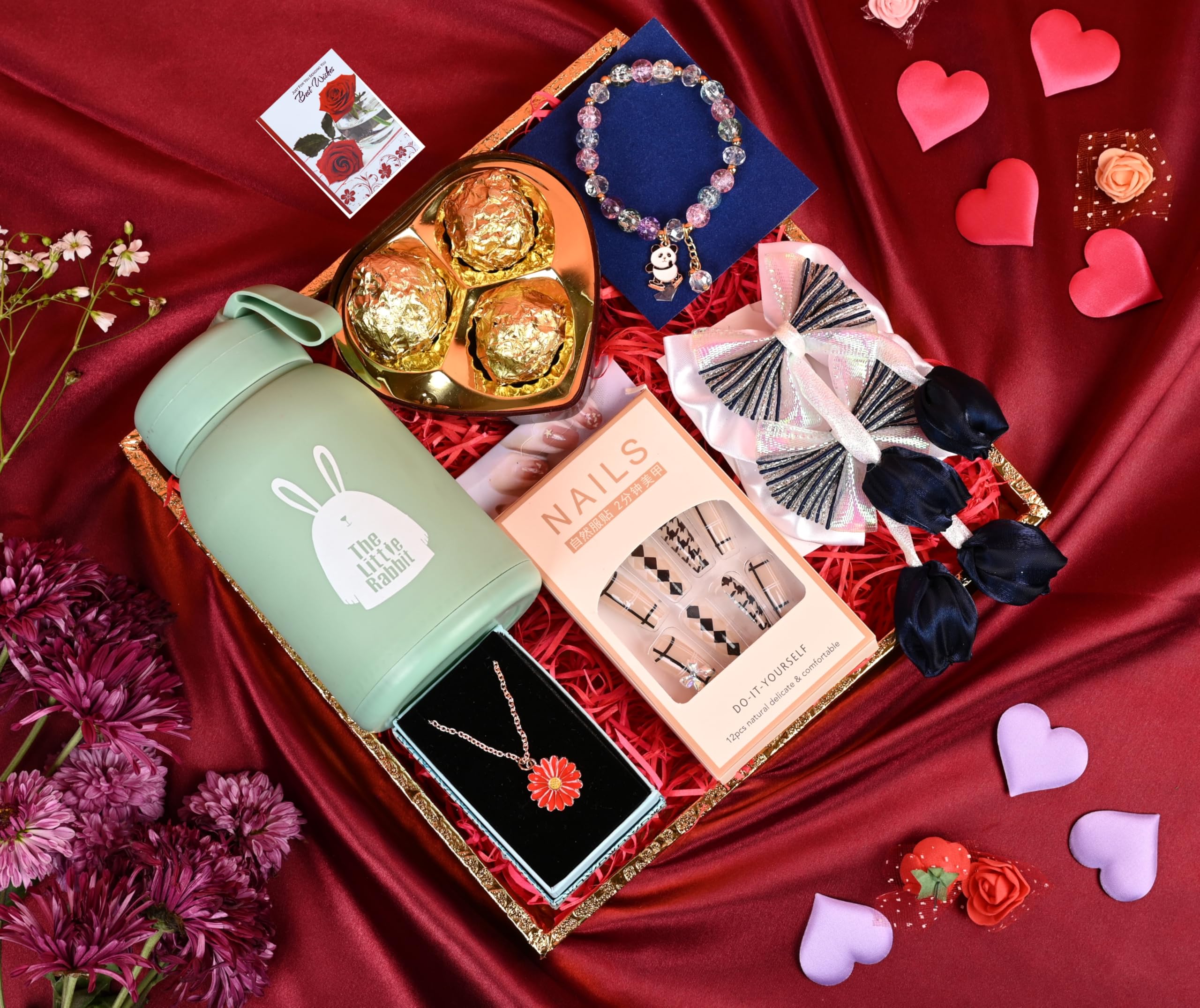 Rakhi gift for sister/rakhi gift for cute sister/rakhi return gift hamper-Tray+Chocolate box+glass water bottle+tulip flower hair pin+Daisy pendent+Nail extension kit+crystal bracelet+card-image-3