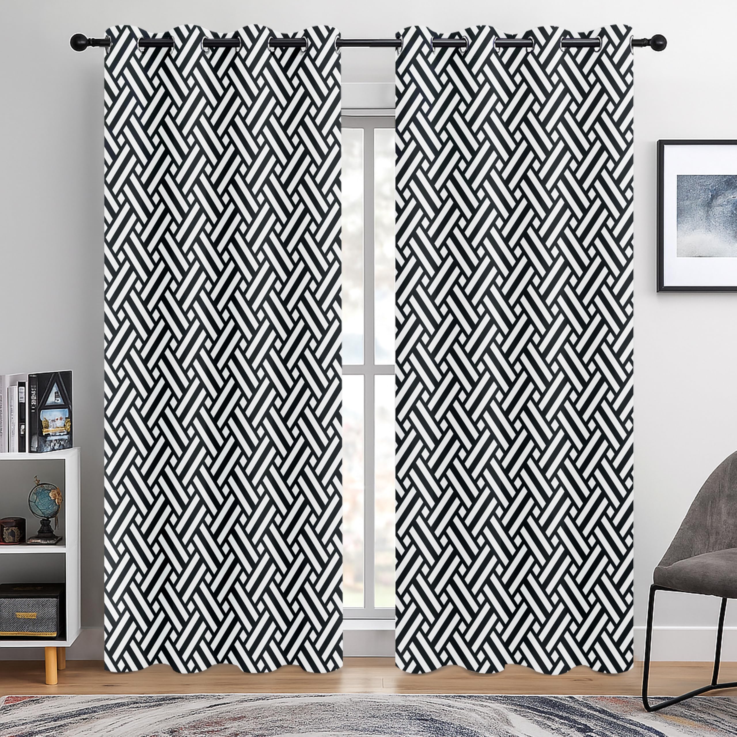 BOHOMOCASA Interlocking Stripes Blackout Curtains, Modern Geometric Line Drapes, 100% Light Blocking, Thermal Insulated & Noise Reducing Curtains for Bedroom, Grommet Top 52 x 84 Inches, 2 Panels — image 1