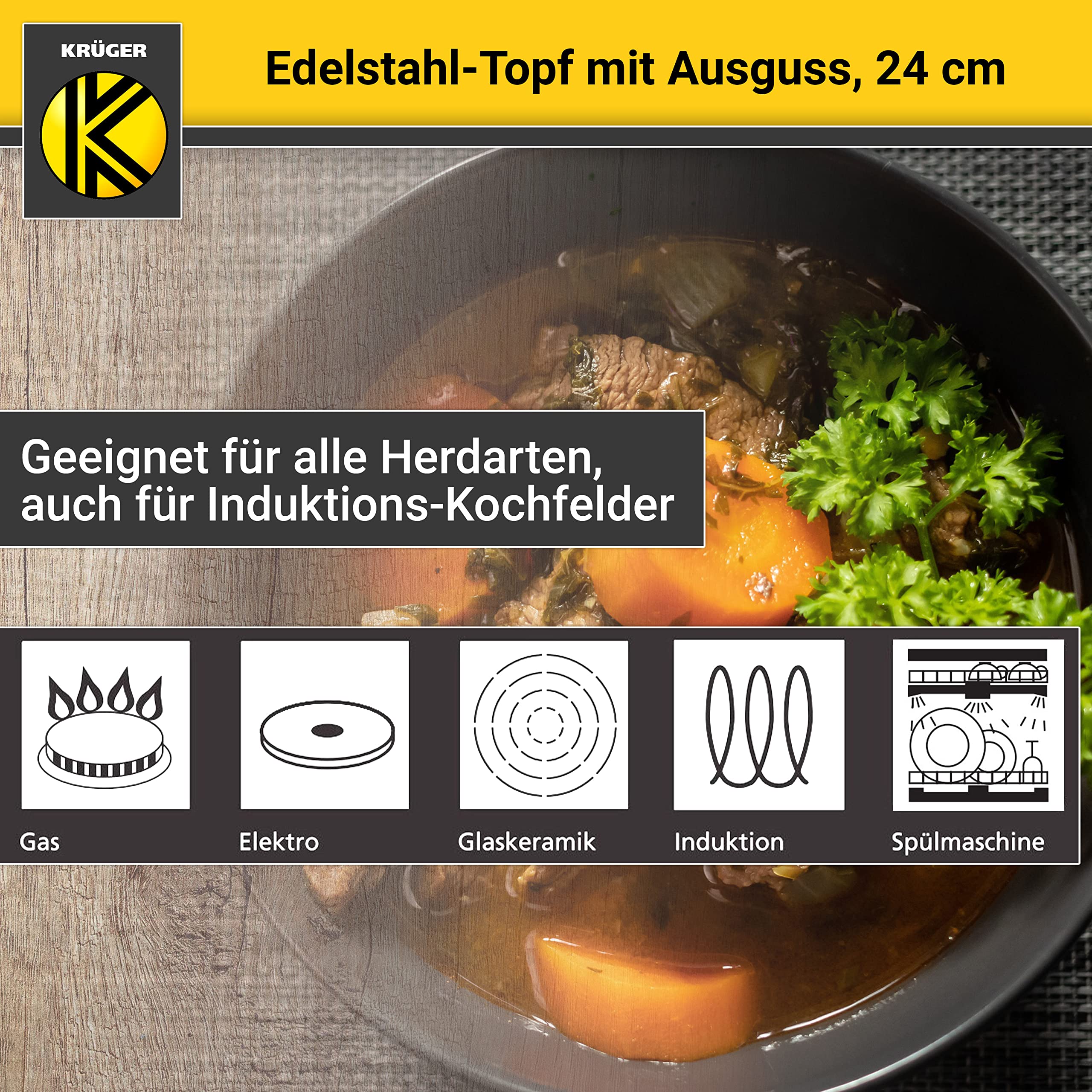 Krüger Edelstahl Kochtopf Ø 24 cm (5,0 L) | Mit Ausguss & Literskala