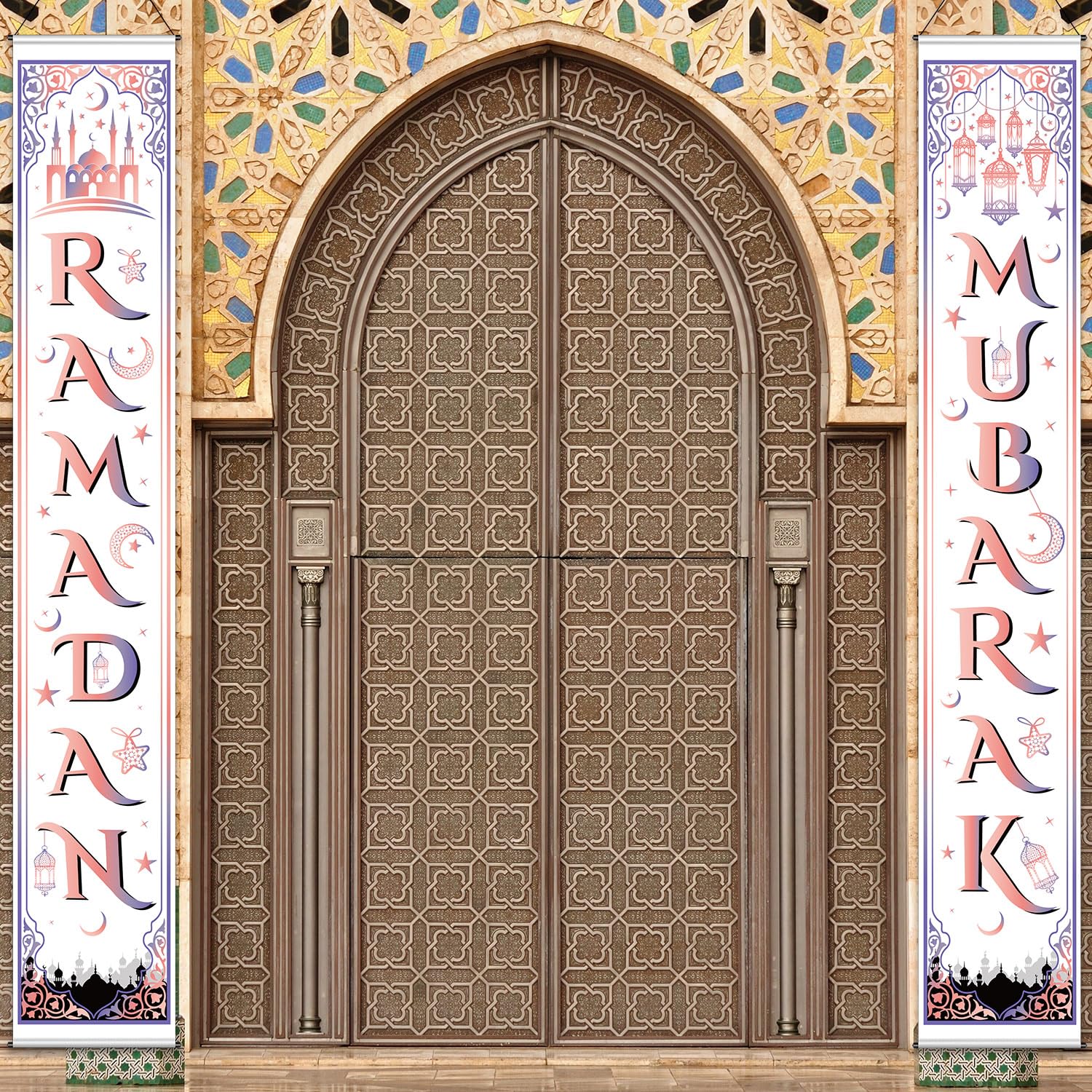 Kit décoration Aïd Moubarak rose et violet avec guirlande suspendue Blulu