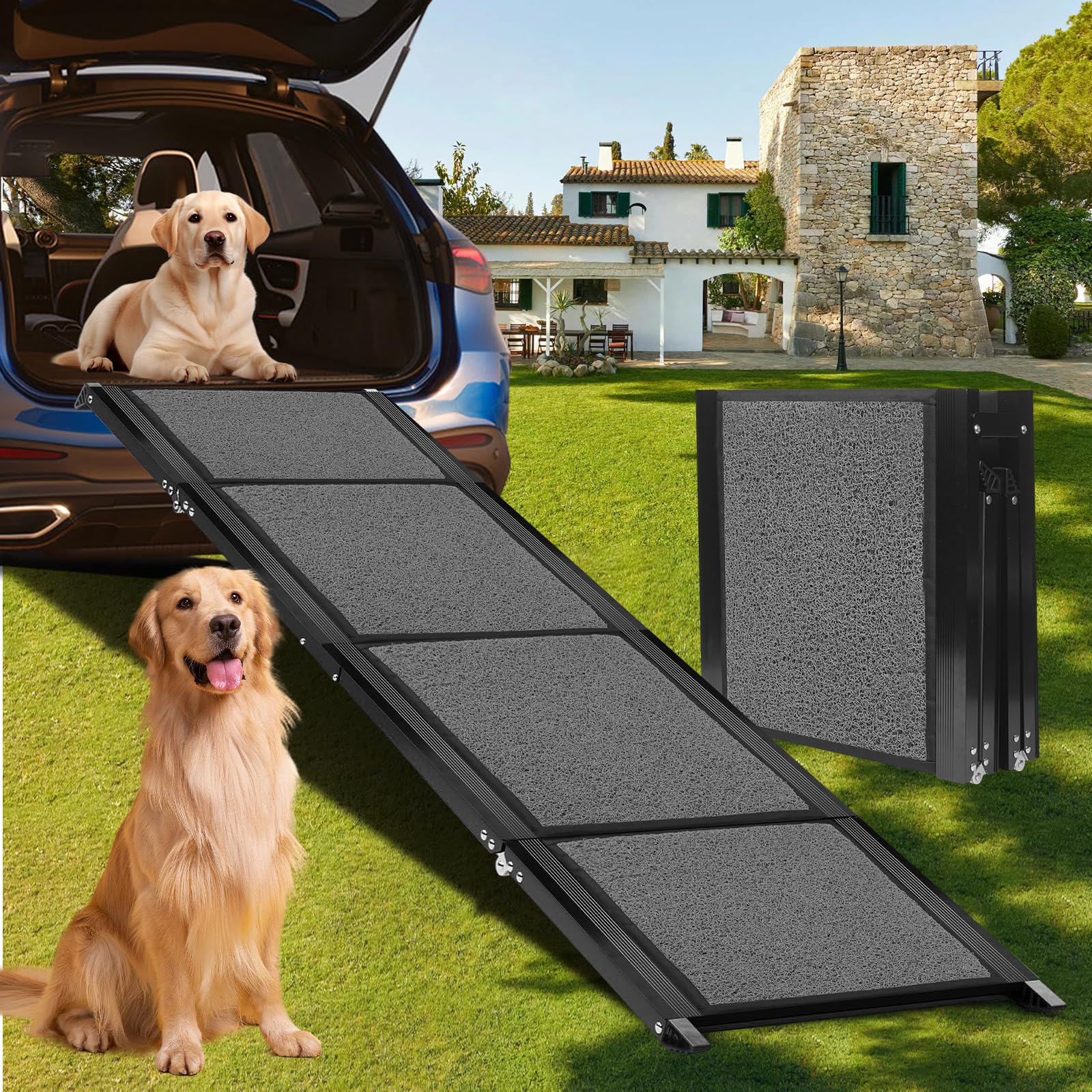 Dog Ramp for Car, 63" Long & 17" Wide Folding Portable Pet Ramp with Non-Slip Rug Surface, Extra Wide Dog Car Ramp for Medium & Large Dogs Up to 250LB Enter a Car SUV & Truck