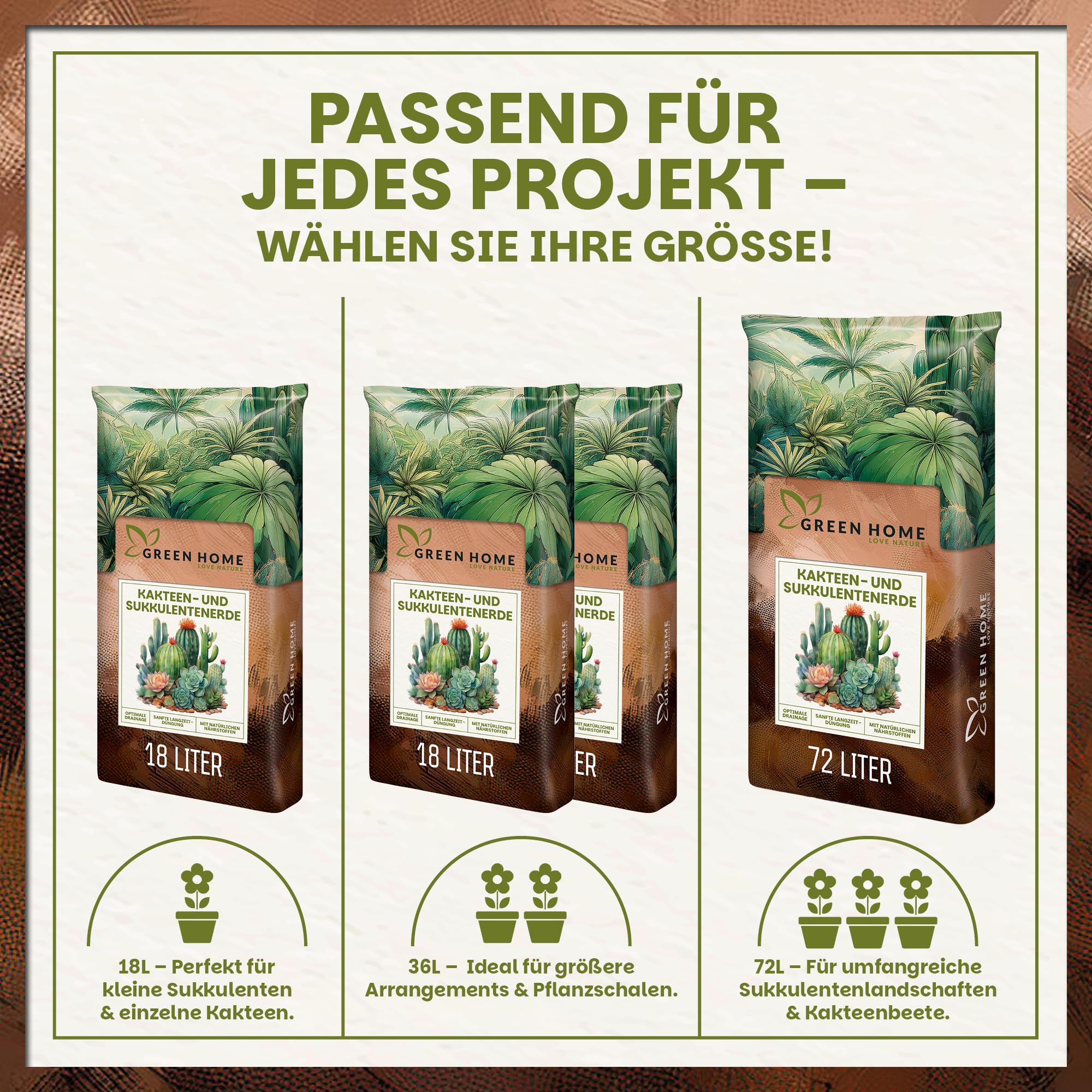 Green Home Kakteen & Sukkulenten Erde 72L mit Perlit. PH-Wert 5,8. Langzeitgedüngt, ideal als Kakteenerde, Sukkulentenerde & Kaktuserde. Substrat für Exoten in Premium Qualität