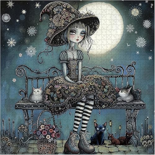 Miniatura 8 de PICKFORU Rompecabezas gótico iluminado por la luna de 1000 piezas, rompecabezas vintage de arte oscuro para adultos, lindo rompecabezas de póster