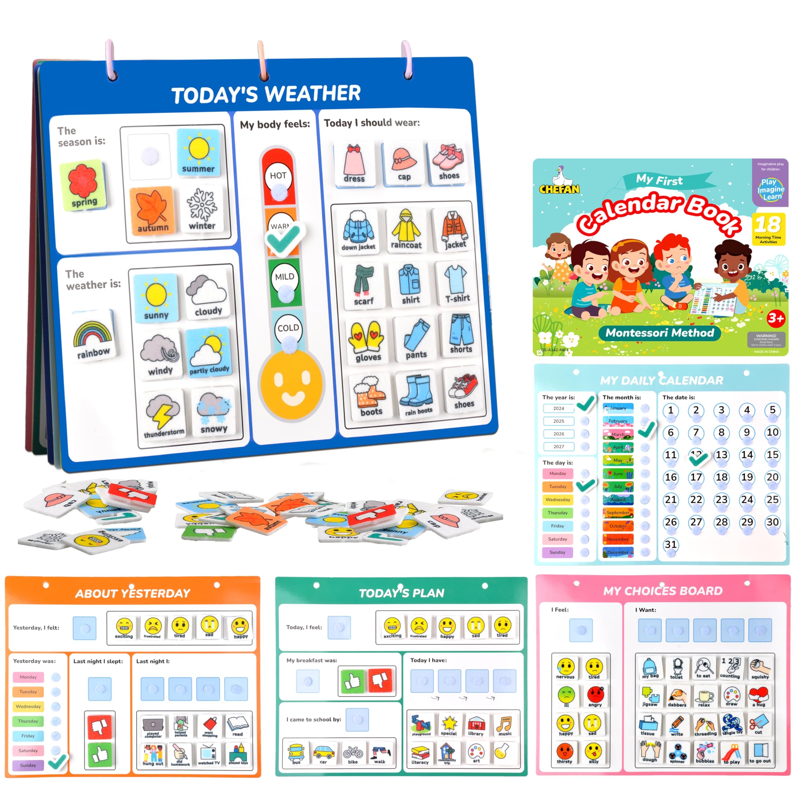 CHEFAN Kids Calendar for Learning,My First Daily Calendar for Kids,All About Today Board,Days of The Week Calendar for Kids,Preschool Classroom Calendar Circle Time Calendar-Today, Monthly and Weather