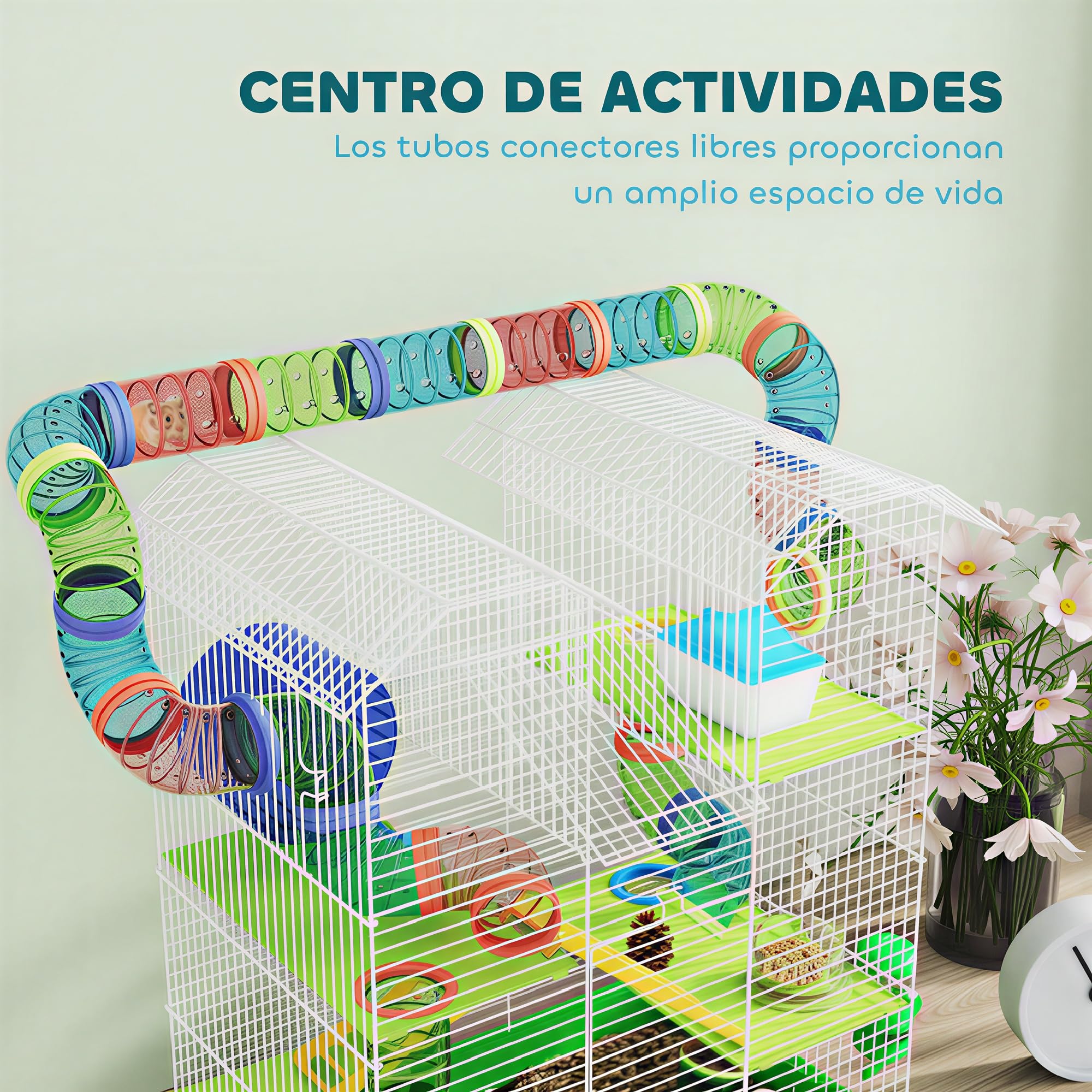 PawHut Jaula para Hámster de 5 Niveles, 47x30x59 cm, Casa para Animales Pequeños con Túnel, Comedero, Bebedero, Casita, Rueda de Ejercicio, Escaleras, para Ratas y Jerbos, Verde