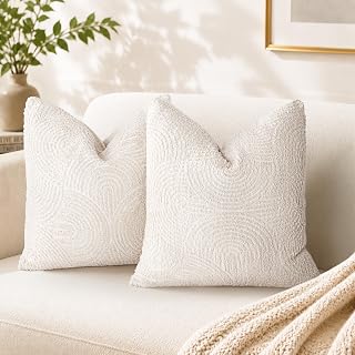 AELS Boho Decorative Textured Throw Pillow Covers 20x20, Organic Modern Mid Century Rainbow Tufted Pillow Case, Farmhouse Rustic Geometric Woven Cushion Case for Bed Couch Sofa, Creamy White