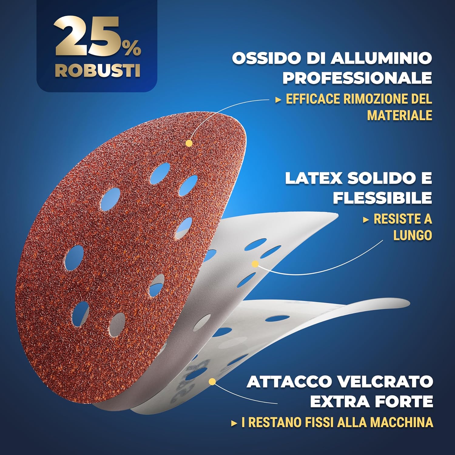 Cross-section view of an S&R sanding disc, highlighting its robust construction with aluminum oxide, latex, and hook and loop backing.