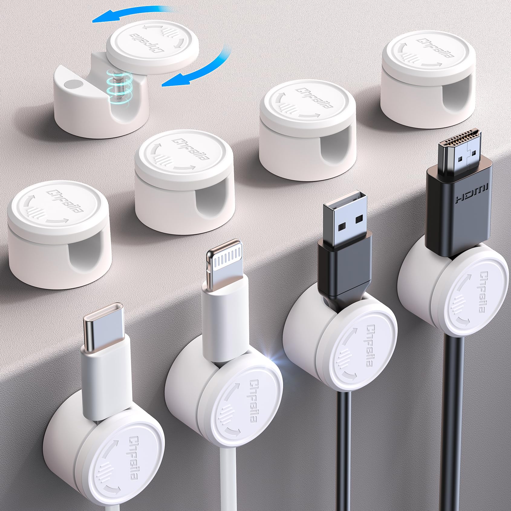 9 Pack Cable Tidy Clips, Chfeila [360°Rotating & Twist-Lock] Magnetic Cable Management, Self Adhesive Phone Charger Wire Organiser, Cord Holder for USB/HDMI/PC/Car/Wall - Home, Office Desk Accessories