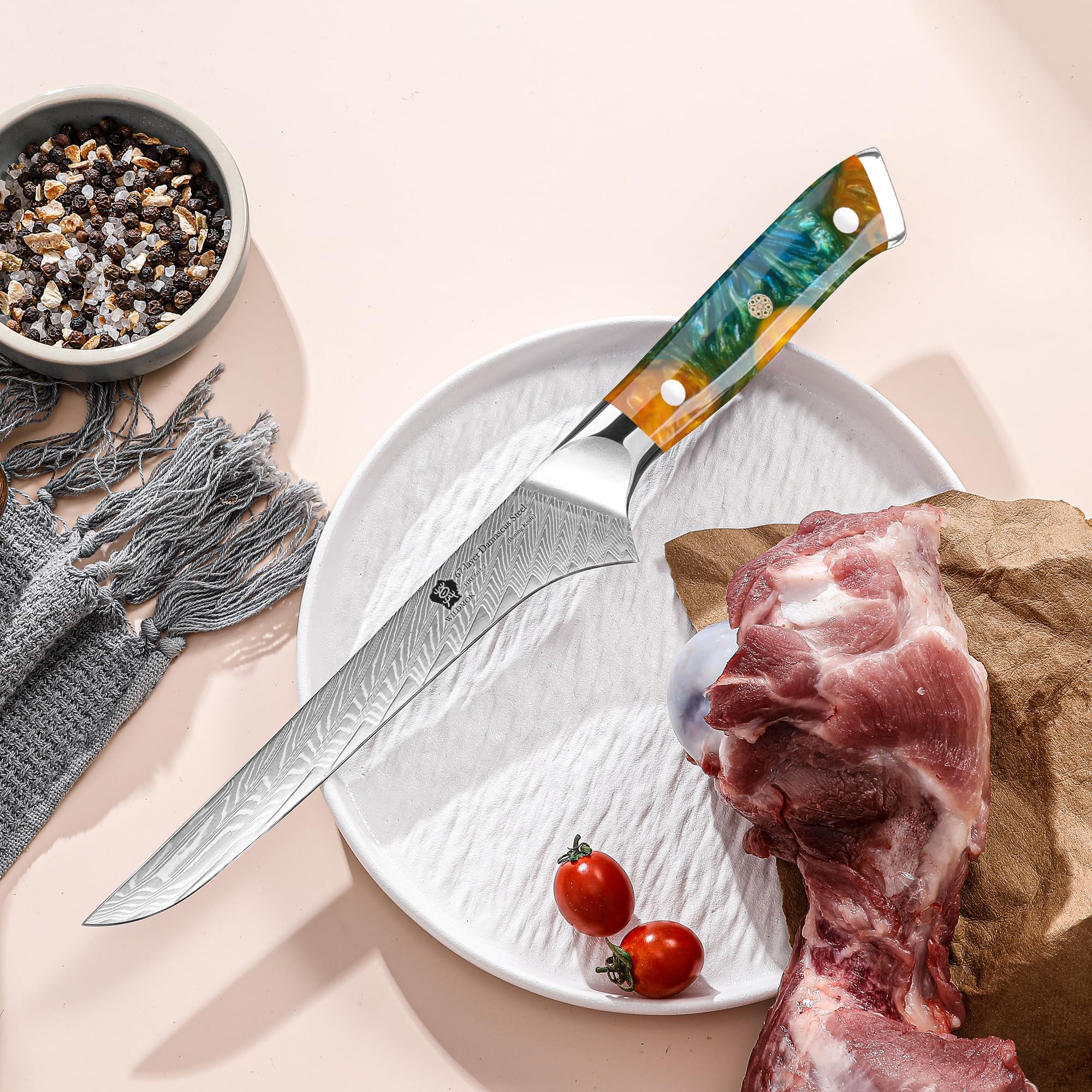 WILDMOK Bone Knife, Japanese Damascus Chef's Knife, Professional Bone Knife, 17.8 cm Professional Bone Knife, Manico completo in resina sintetica