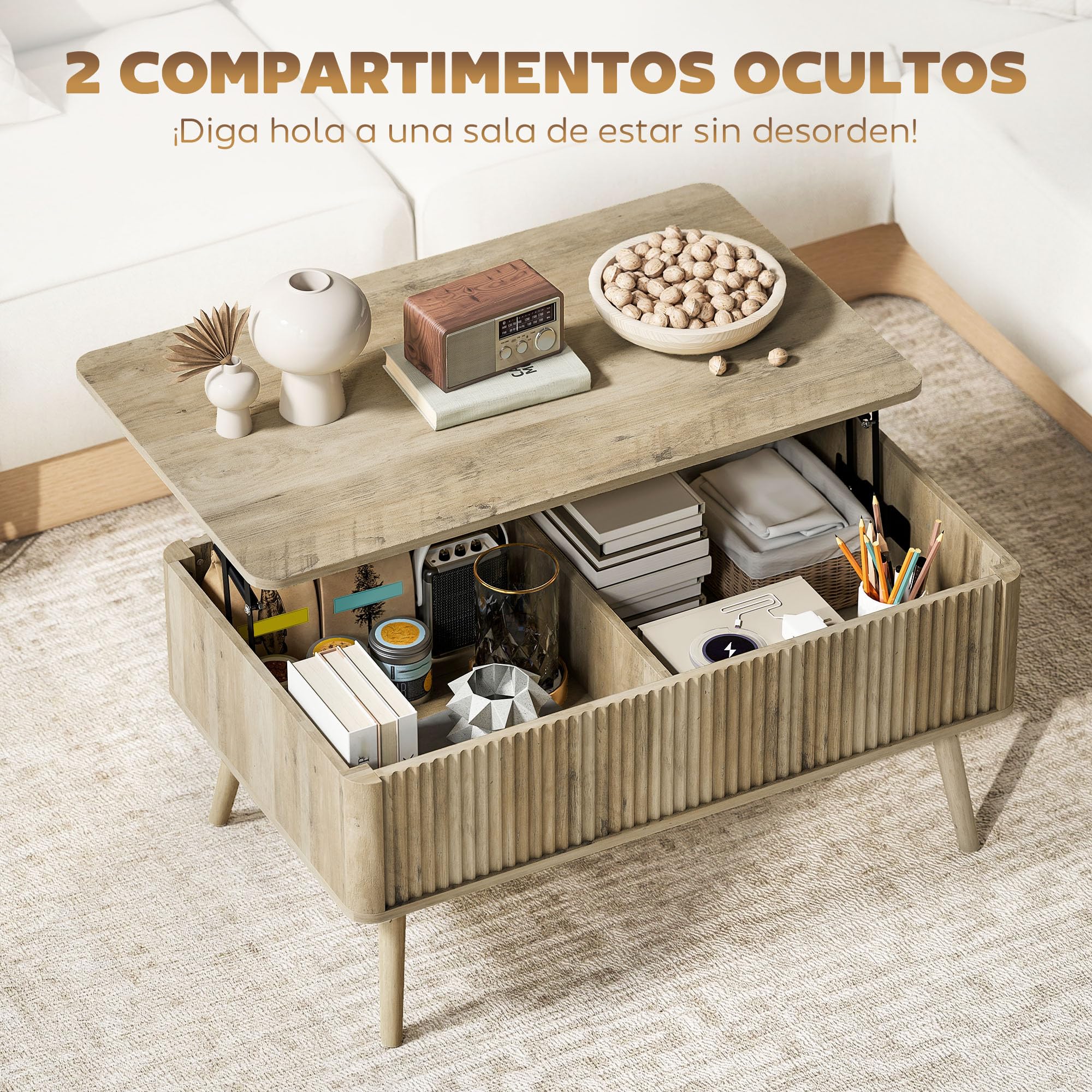HOMCOM Mesa de Centro Elevable, Mesa de Café para Salón, Comedor, con Compartimentos Ocultos de Almacenaje y Patas de Pino, 91x56-80,5x43-57,5 cm, Roble