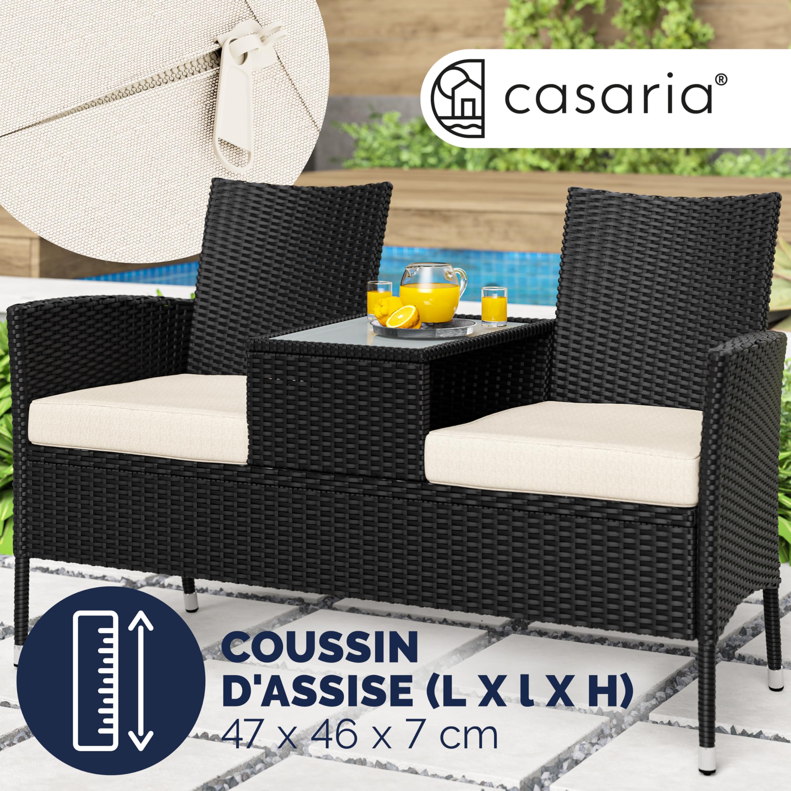 Banc de Jardin en polyrotin 2 Places avec Coussins Table intégrée 143x64x87 cm Salon de Jardin extérieur Noir