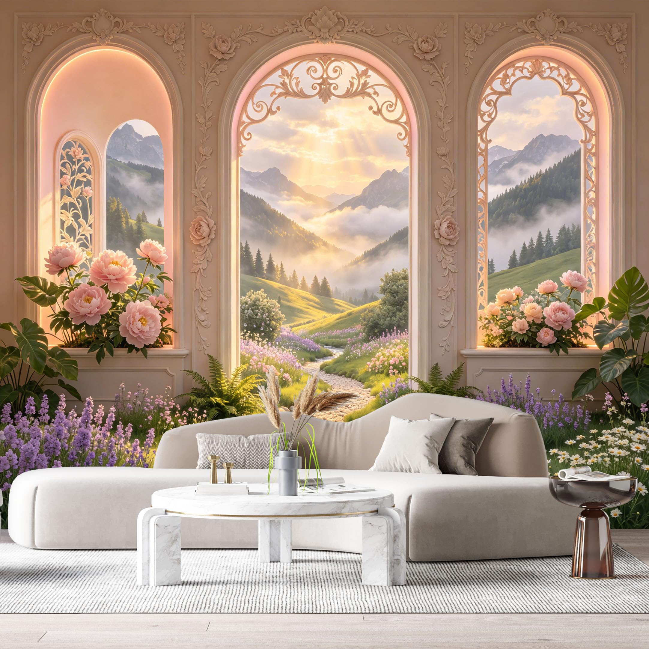 Custom Size Wall Murals Mountain Lake Botanical Neoclassical 3D Archway Peony Flowers Sunset Landscape SelfAdhesive Wall Fabric Removable Large Wallpaper for Living Room