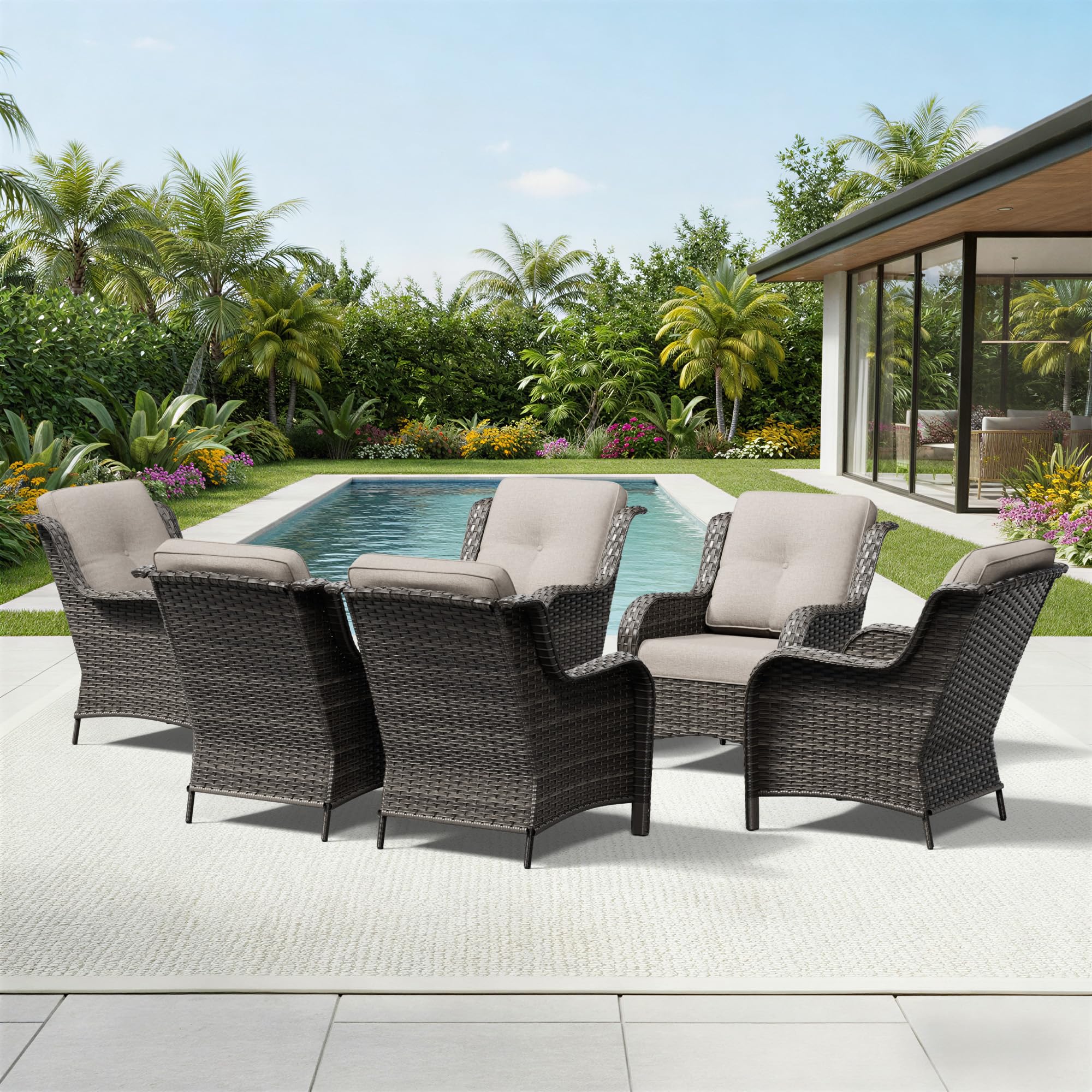 Joyside 6 Piece Wicker Patio Furniture Set, Rattan Patio Chairs with High Back, Deep Seating, Wide Armrest, Thickened Cushions, Outdoor Furniture for Deck, Porch Use