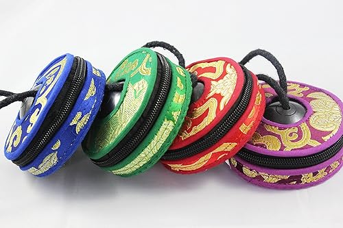 Miniatura 7 de Tingsha/Campana de meditación tibetana/platillos de dedo con funda de seda gratis por Nepalese Handicraft Zone (color oscuro (color antiguo))