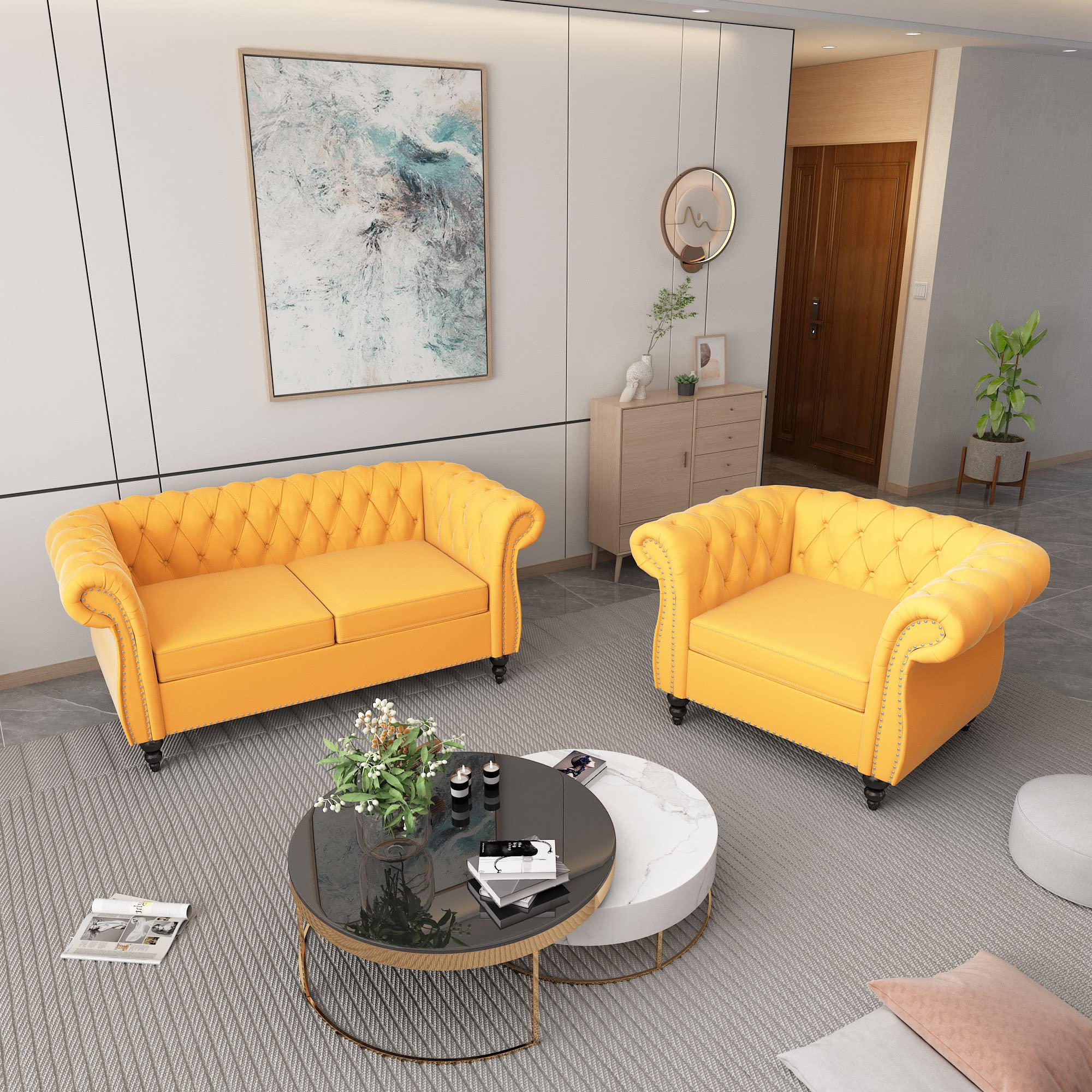ORRD 2 Piece Living Room Set, Velvet Chesterfield Sofa Loveseat Couch Chair with Scroll Arms and Nailhead for Living Room, Office (Mango)