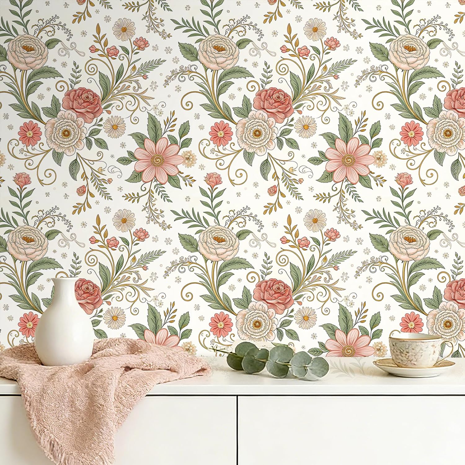 Decotalk Vintage Flowers Wallpaper 17.5x354 Inch White and Pink Floral Wallpaper for Bedroom Nursery Bathroom Floral Wall Paper Peel and Stick Pink and White Flower Contact Paper Self Adhesive