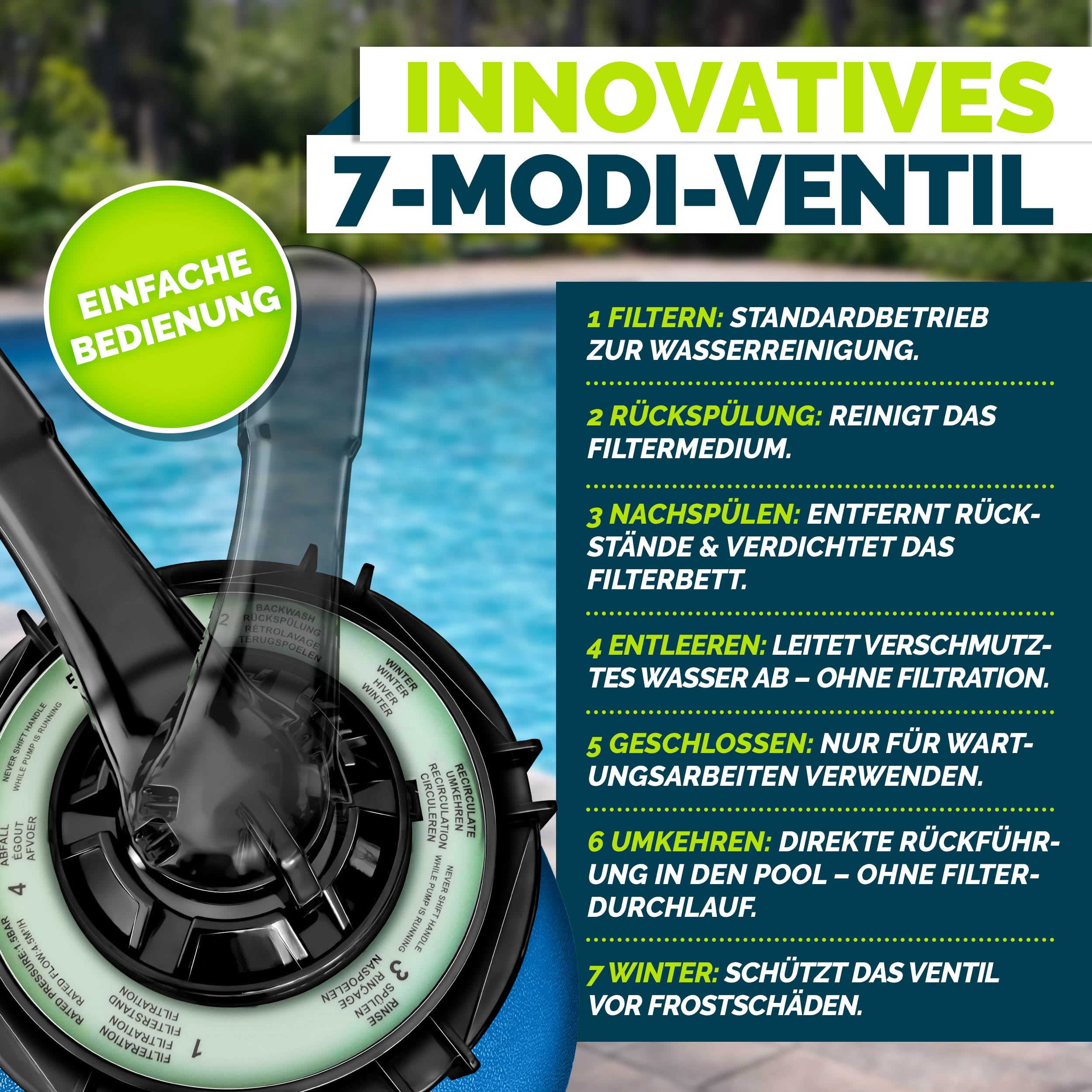 tillvex® Sandfilter Pool ohne Pumpe + Filterbälle | Filterkessel Poolfilter inkl. Adapter Ø32-38mm | Sandfilterkessel + 7-Wege-Ventil, Manometer & Saugschlauch (Blau, Bis 21 m³ (21.000 Liter) Pools)
