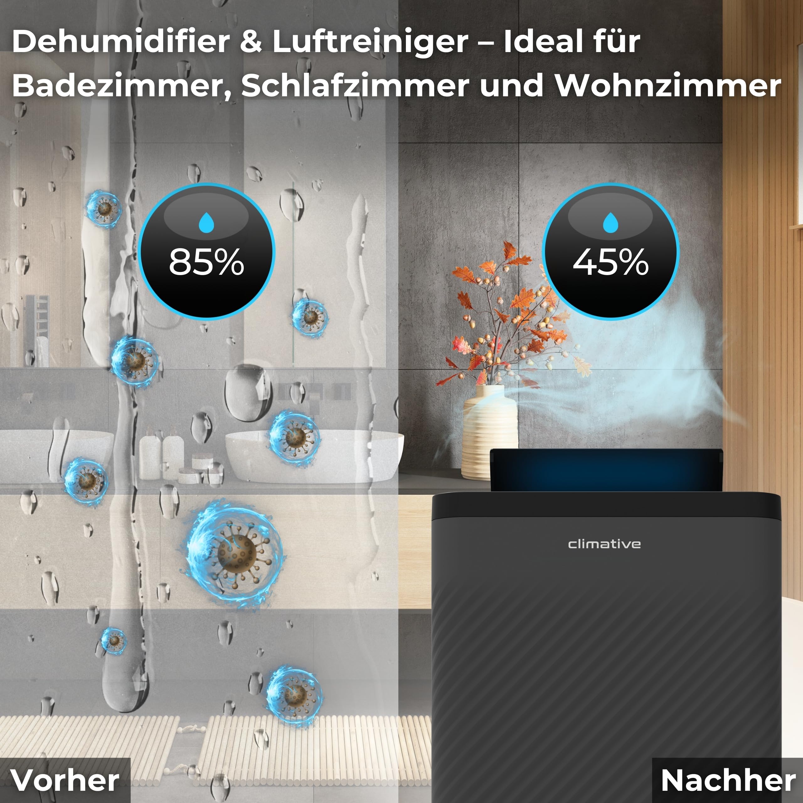 Luftentfeuchter Elektrisch 12L/24h, Air Purifier Nexi ION Grau