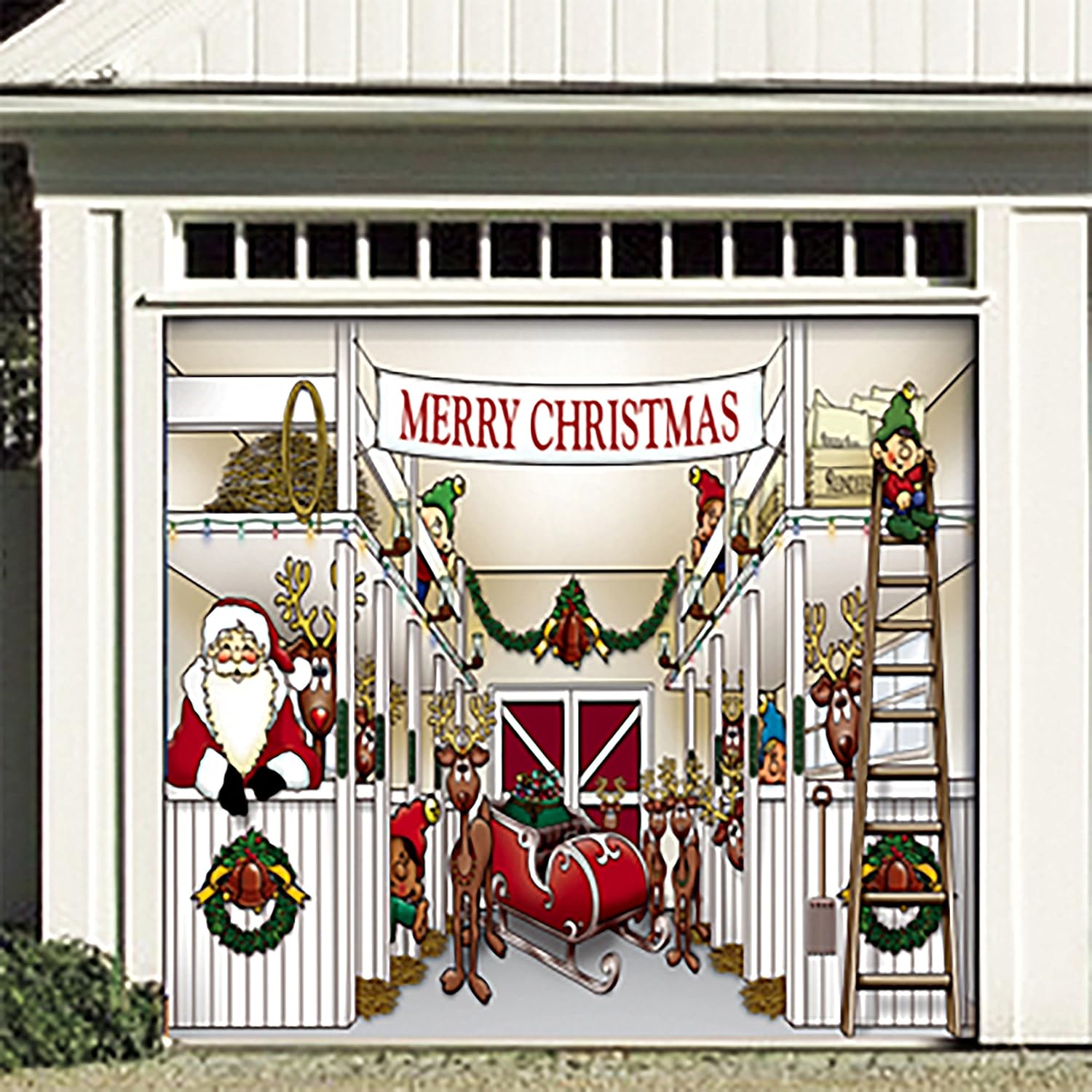 My Door Decor - Santa's Reindeer Barn - Christmas 7' x 8' Garage Door Décor Banner Mural
