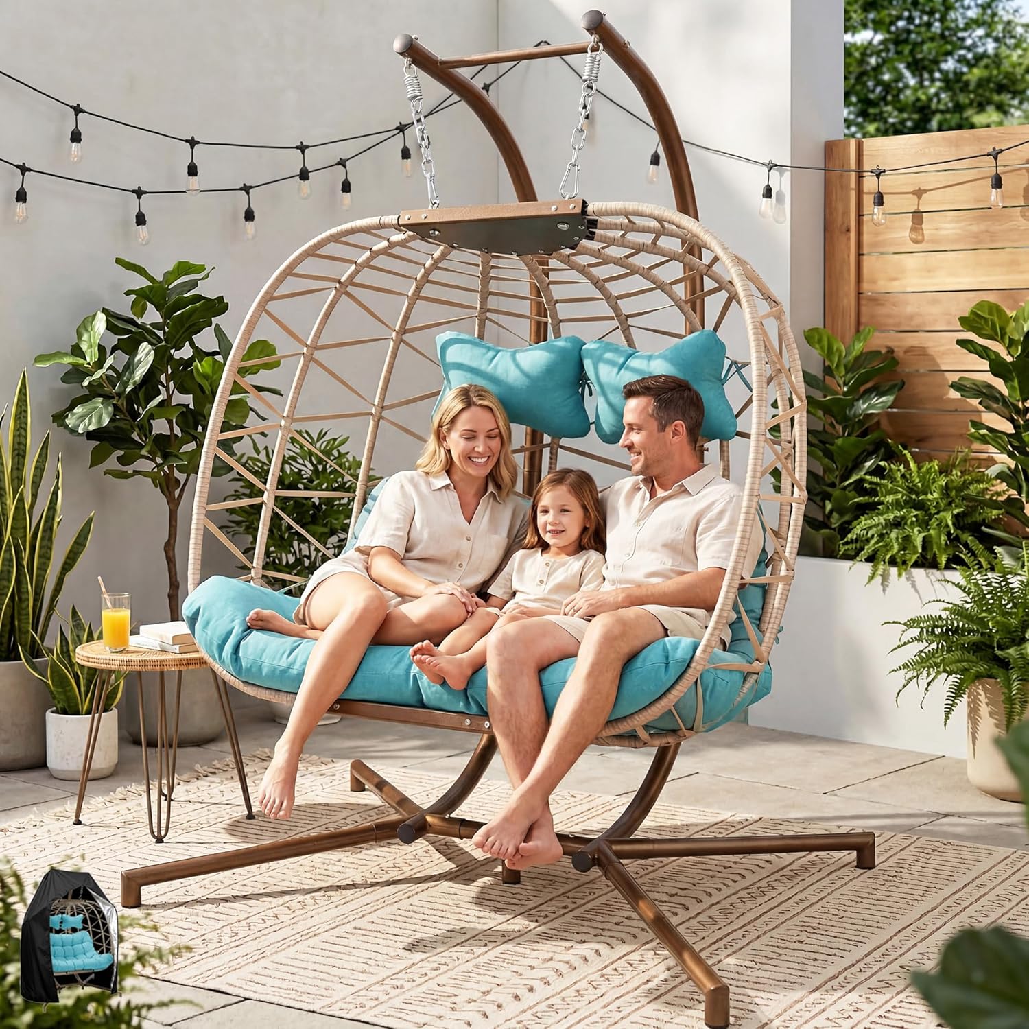 RADIATA 2 Person Double Swing Egg Chair with Stand and Cover, Oversized Outdoor Hanging Hammock Patio Chairs, Extra Large Outside Comfy Wicker Loveseat with Cushion for Backyard Balcony Indoor, Teal
