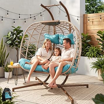RADIATA 2 Person Double Swing Egg Chair with Stand and Cover, Oversized Outdoor Hanging Hammock Patio Chairs, Extra Large Outside Comfy Wicker Loveseat with Cushion for Backyard Balcony Indoor, Teal