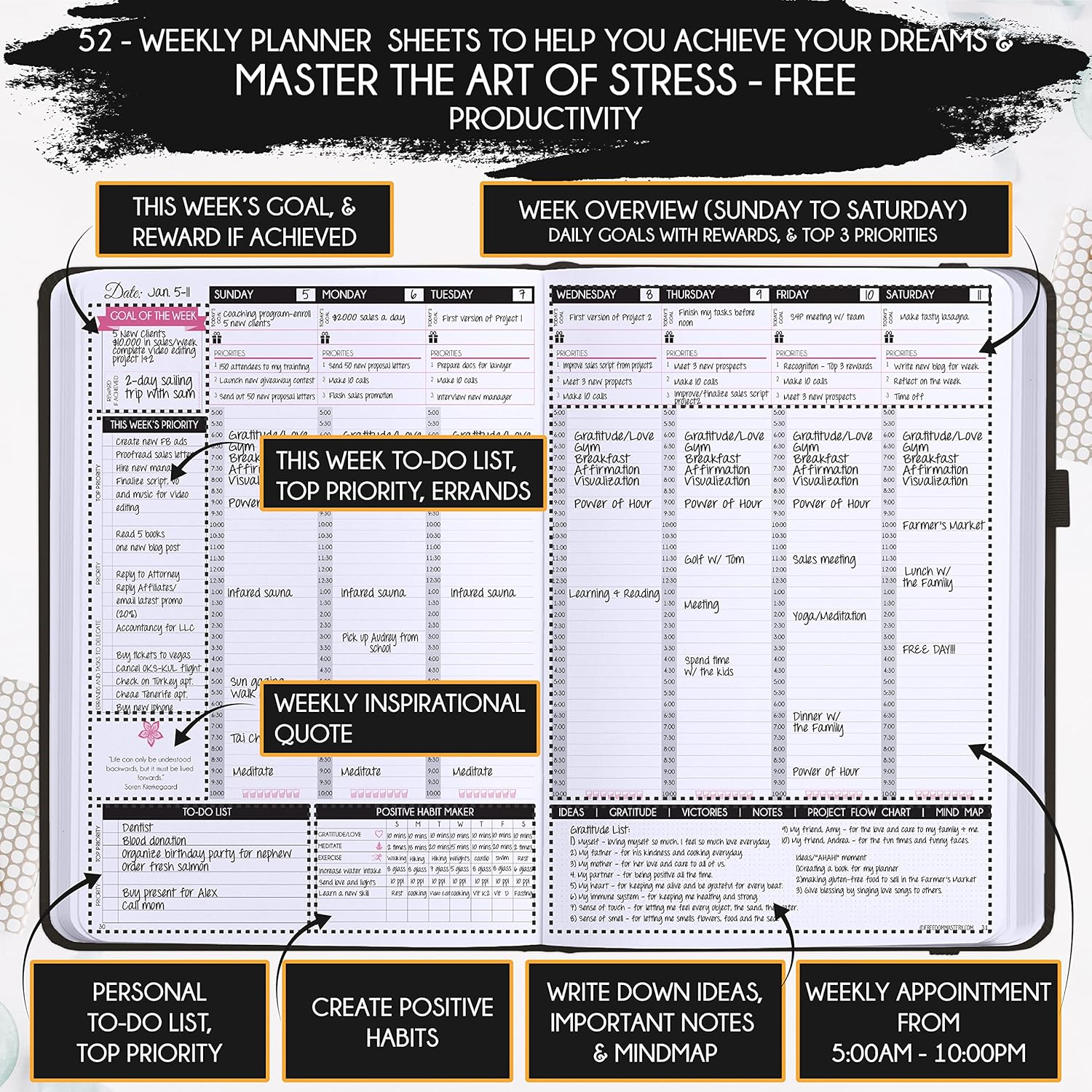 Deluxe Weekly and Monthly Planner | Law of Attraction Planner with Productivity App | 12-Month for Productivity, Gratitude & Goal Setting | Includes Foldable Vision Board, Gift Box & Stickers