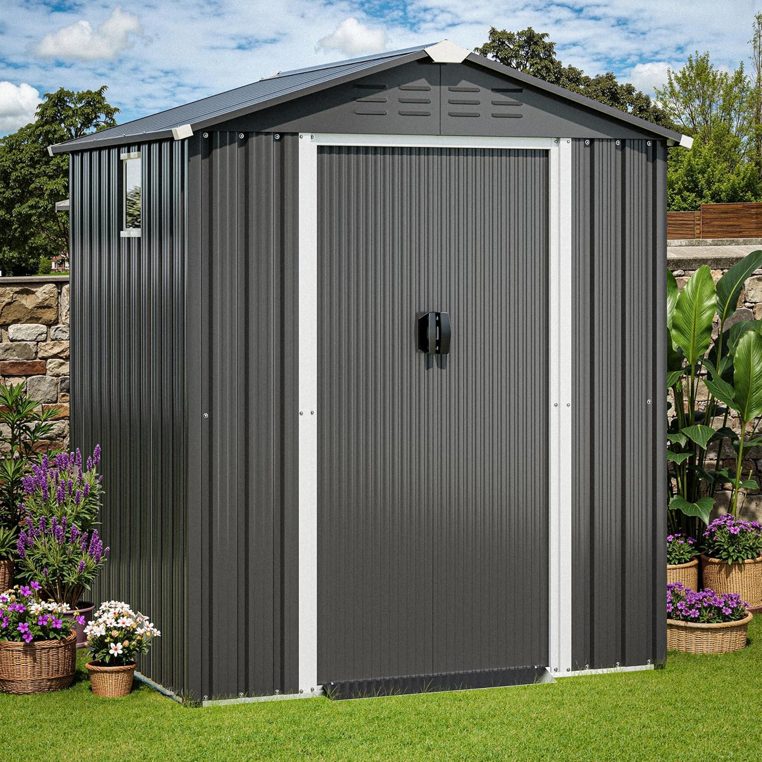 JY QAQA 5x3 FT Metal Outdoor Garden Storage Shed,Waterproof Metal Garden Sheds with Window and Lockable Double Door,Weather Resistant Steel Tool Storage House Shed forPatio,Lawn