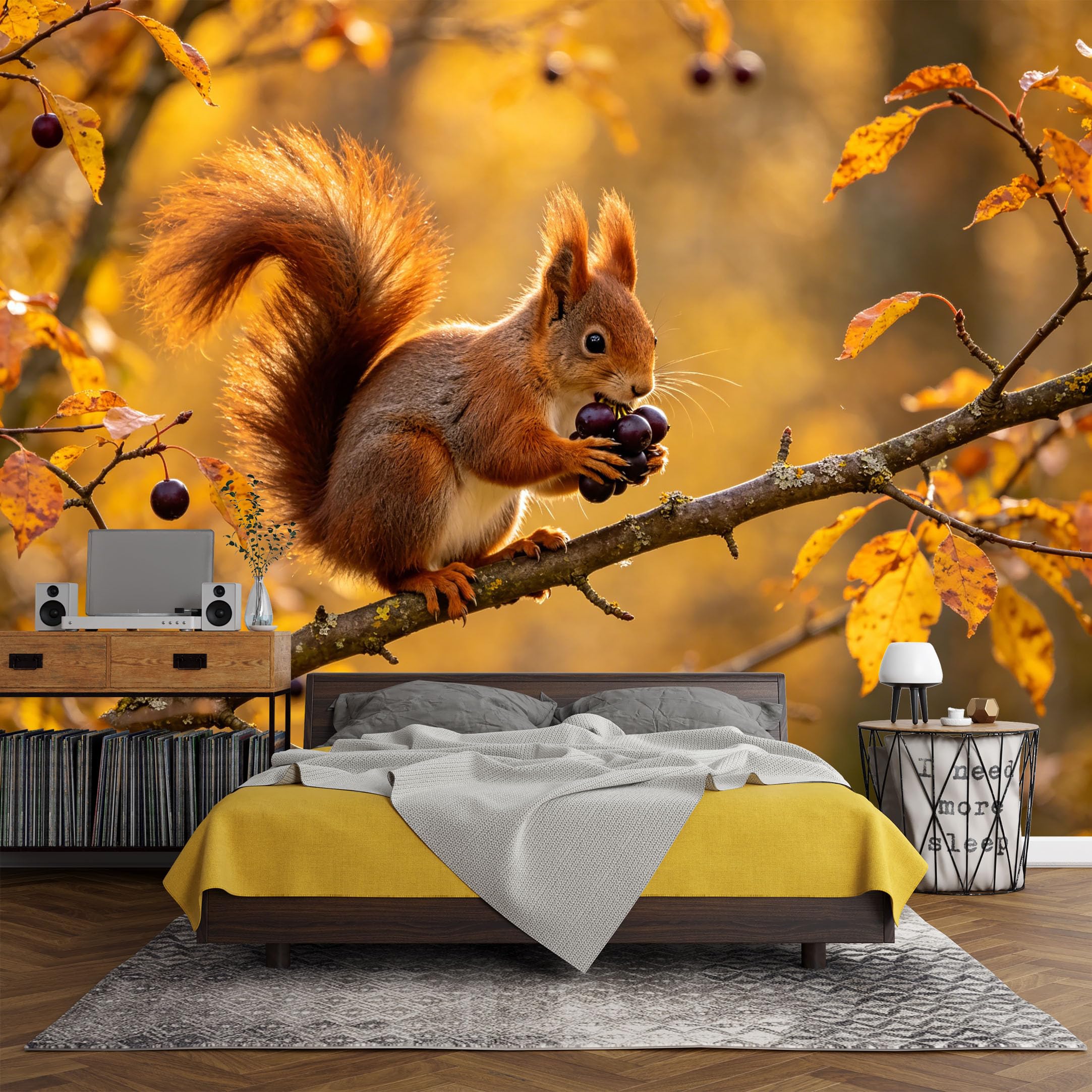Custom Size Wall Mural， Forest Autumn Squirrel on Branch with Berries Nature Wildlife，SelfAdhesive Art Prints wall Fabric (No PVC) Removable Wallpaper Living Room Decor