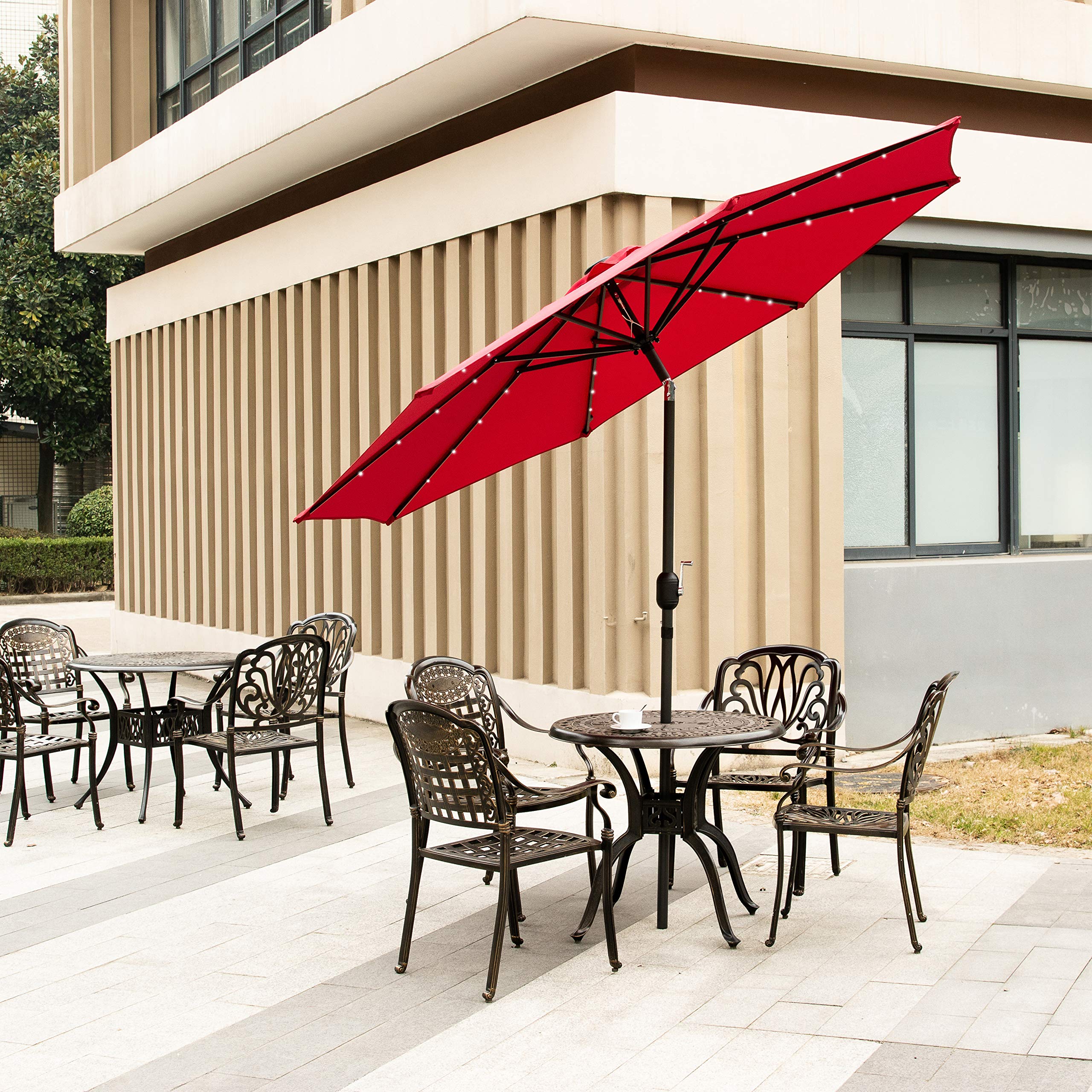 Amazon Com Leisurelife 9 Patio Umbrella With Solar Lights Outdoor Red Patio Table Umbrellas 8 Sturdy Ribs Solar Power Garden Outdoor