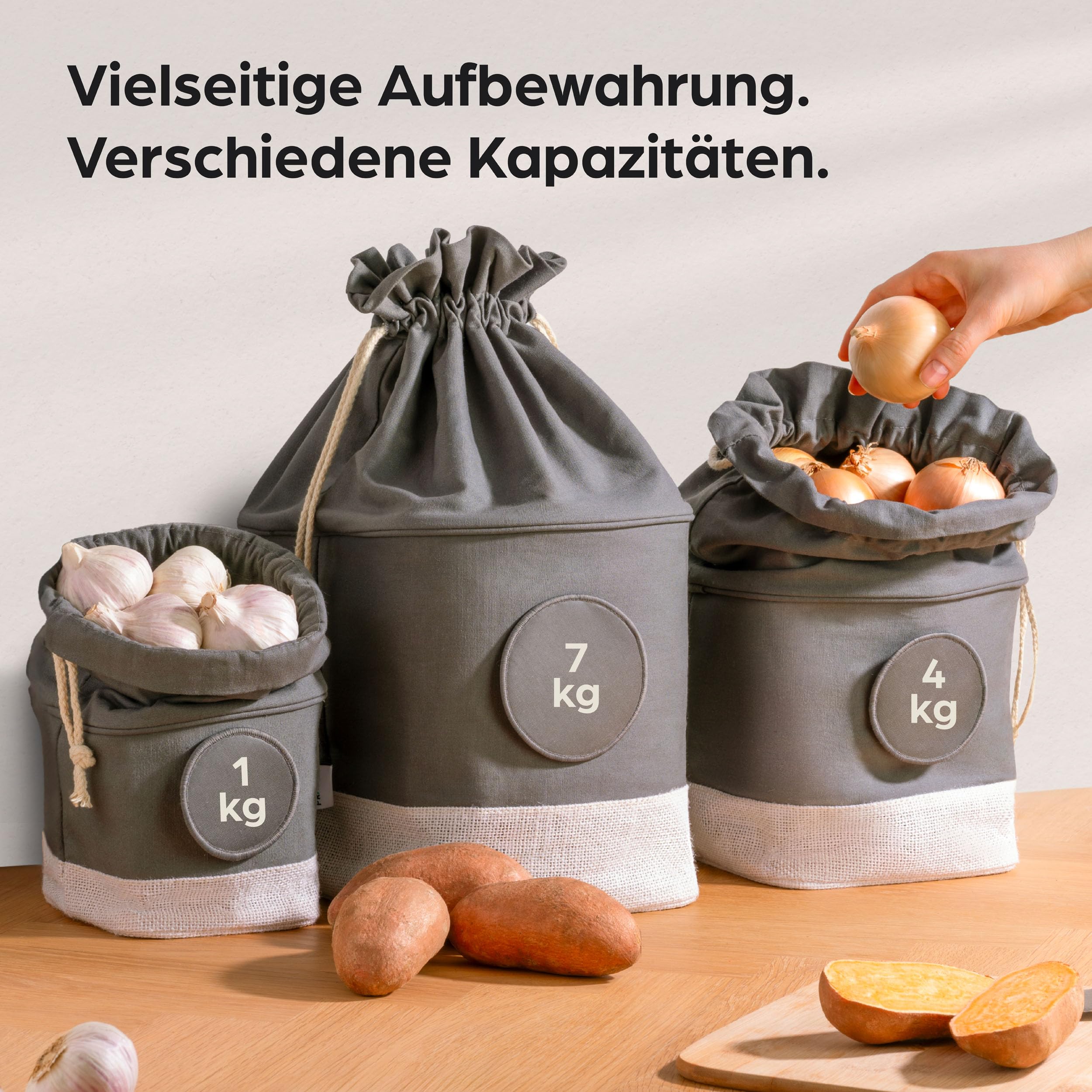Praknu Kartoffel Aufbewahrungsbox 3er-Set - Nachhaltige Jute-Aufbewahrungsbeutel - Luftdurchlässig & Langlebig - Geräumige Lagerung