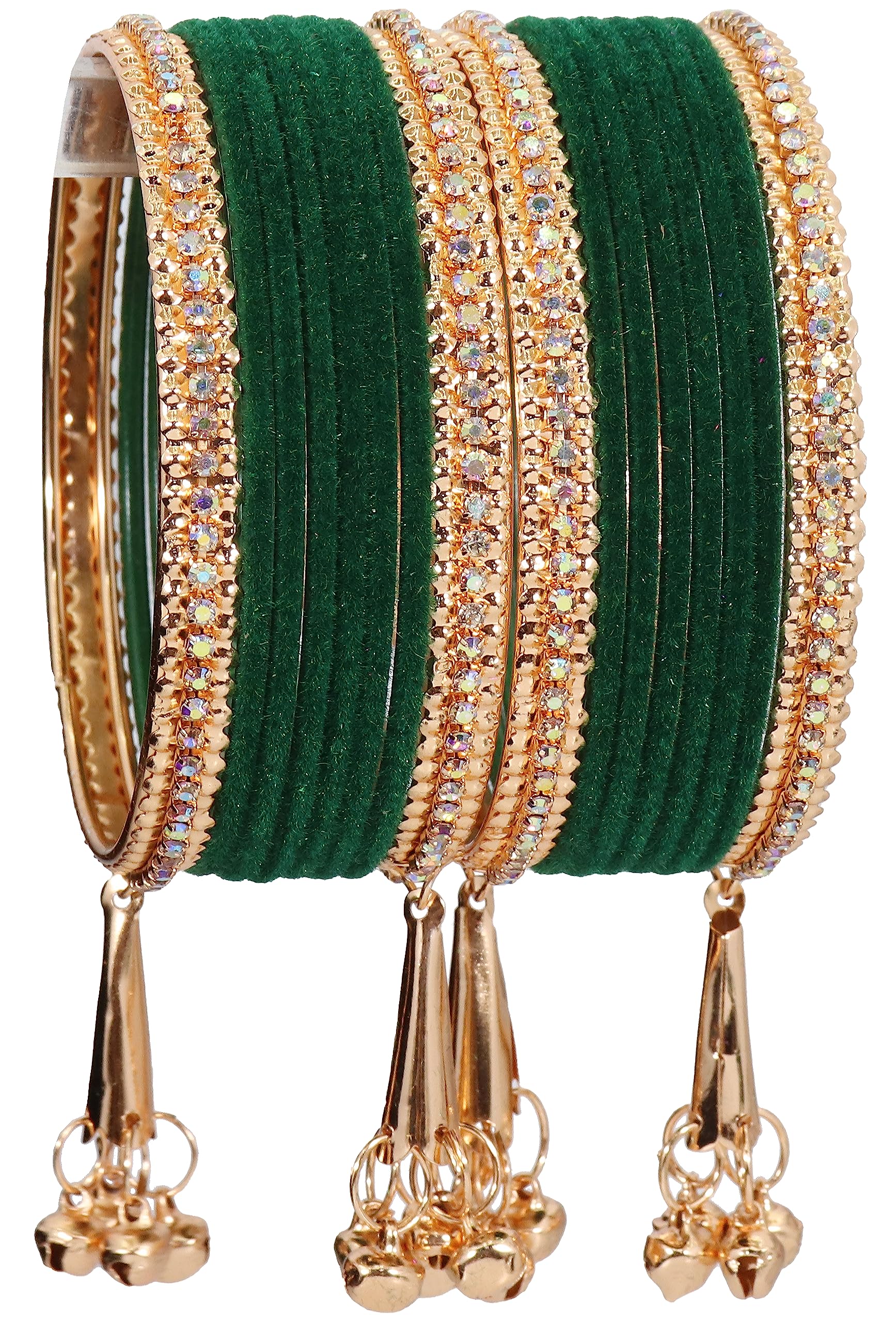 RoseGold Metal Bangle with Zircon Gemstone and Velvet Studded Bells Latkan Bangles Set For Girls and Women | Latkan Bangles | Premium Bangle Bracelet Set - Pack of 16 Bangles-image-7