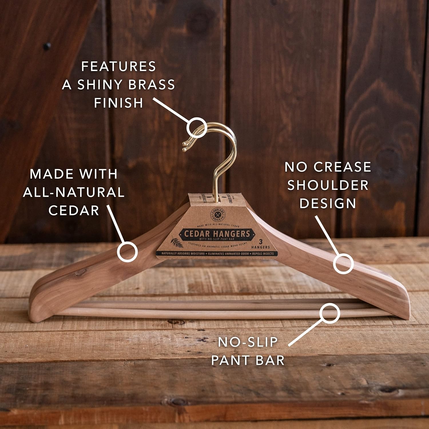 Cobbler's Choice Cedar Hanger (3-Pack), Naturally Absorbs Moisture, Eliminates Unwanted Odor, & More