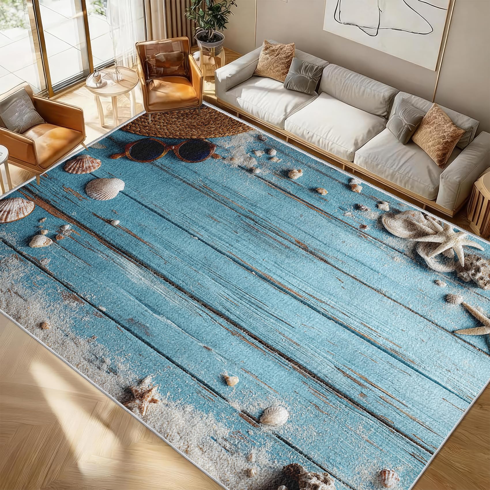 Grain de Bois Sarcelle Paillasson Interieur 60x90 cm, Tapis d'entrée Étoile De Mer Lavable en Machine, Côtier Plage Tapis de Porte Antidérapant à Poils Ras pour Couloir, Cuisine, Salle de Bain, 1J19t