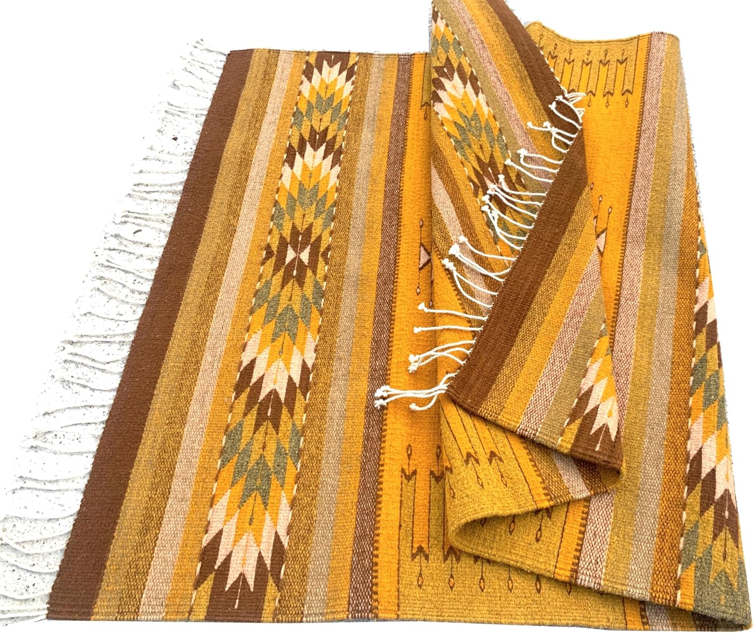 Zapotec Hand Woven Wool Rug, Gold Yellow Geometric Oaxaca Tapestry, Southwest Style Area Rug 39x61 Inches
