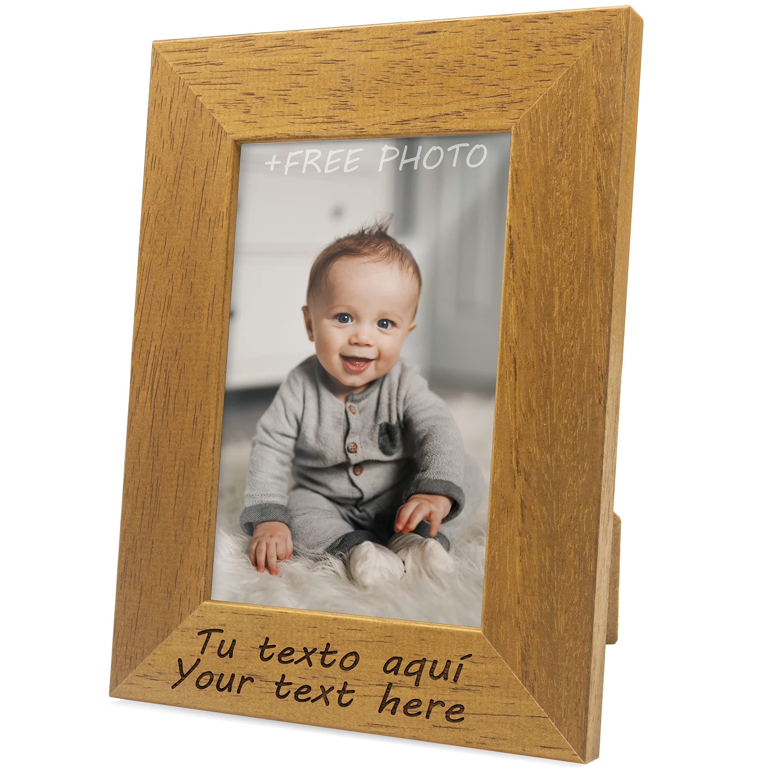 Chigabiga Marco de Fotos PERSONALIZABLE con tu Texto y con tu Foto - Hecho de madera de pino - Elige tu color, elige el tamaño, agrega tu texto y sube tu imagen. Hecho en España (10 X 15 cm, ROBLE)