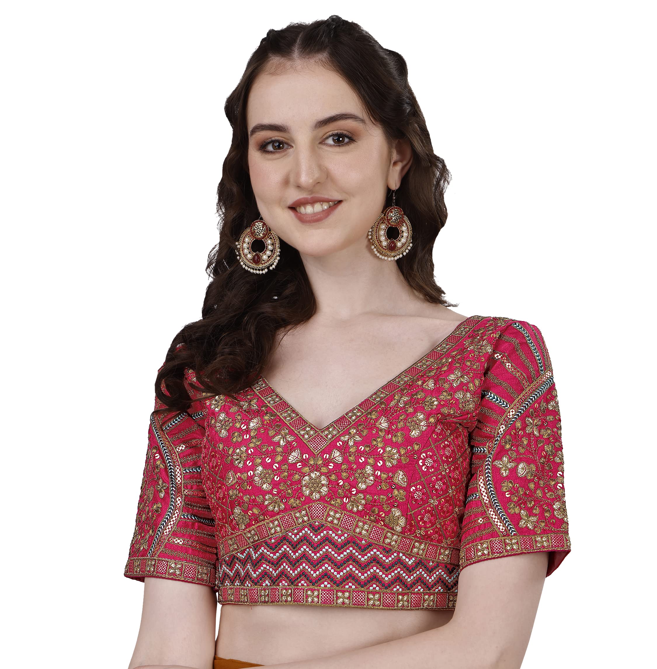 Pujia Mills Mills Women's Fancy Readymade Heavy Coding Embroidary Worked Half Sleeve Multicolor Saree Blouse(Mushroom) (Rani, 40)