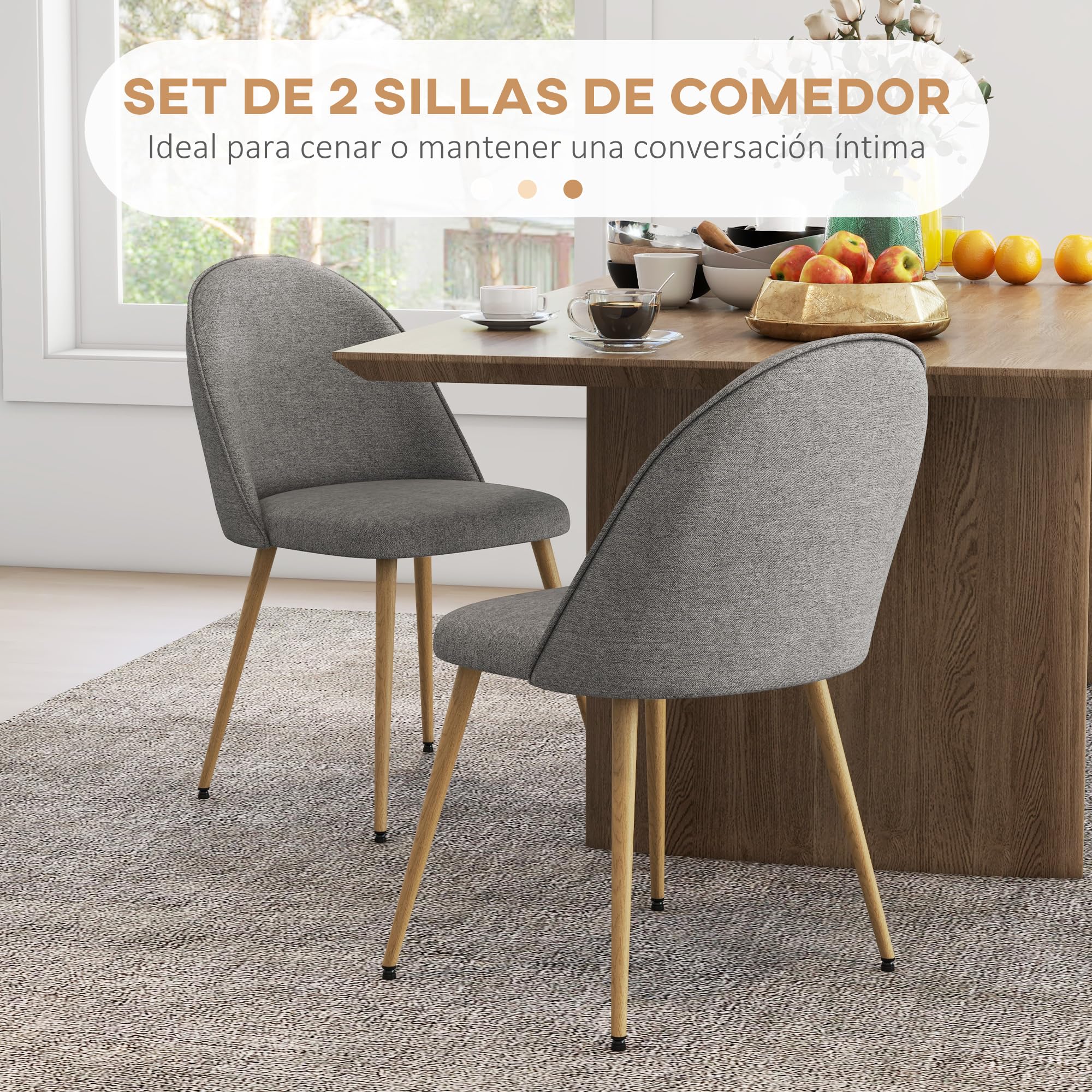 HOMCOM Sillas de Comedor Tapizadas para Salón 2 Pack 50x52x83 cm Gris | Sillas de Cocina, Tela de Lino, Patas de Acero, Dormitorio, Carga 120 kg