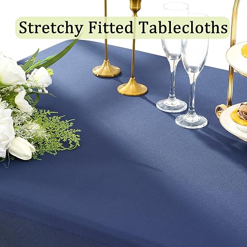 Miniatura 2 de Htper Paquete de 2 manteles de elastano azul marino para mesas rectangulares de 8 pies, manteles ajustables sin arrugas, manteles elásticos de 8
