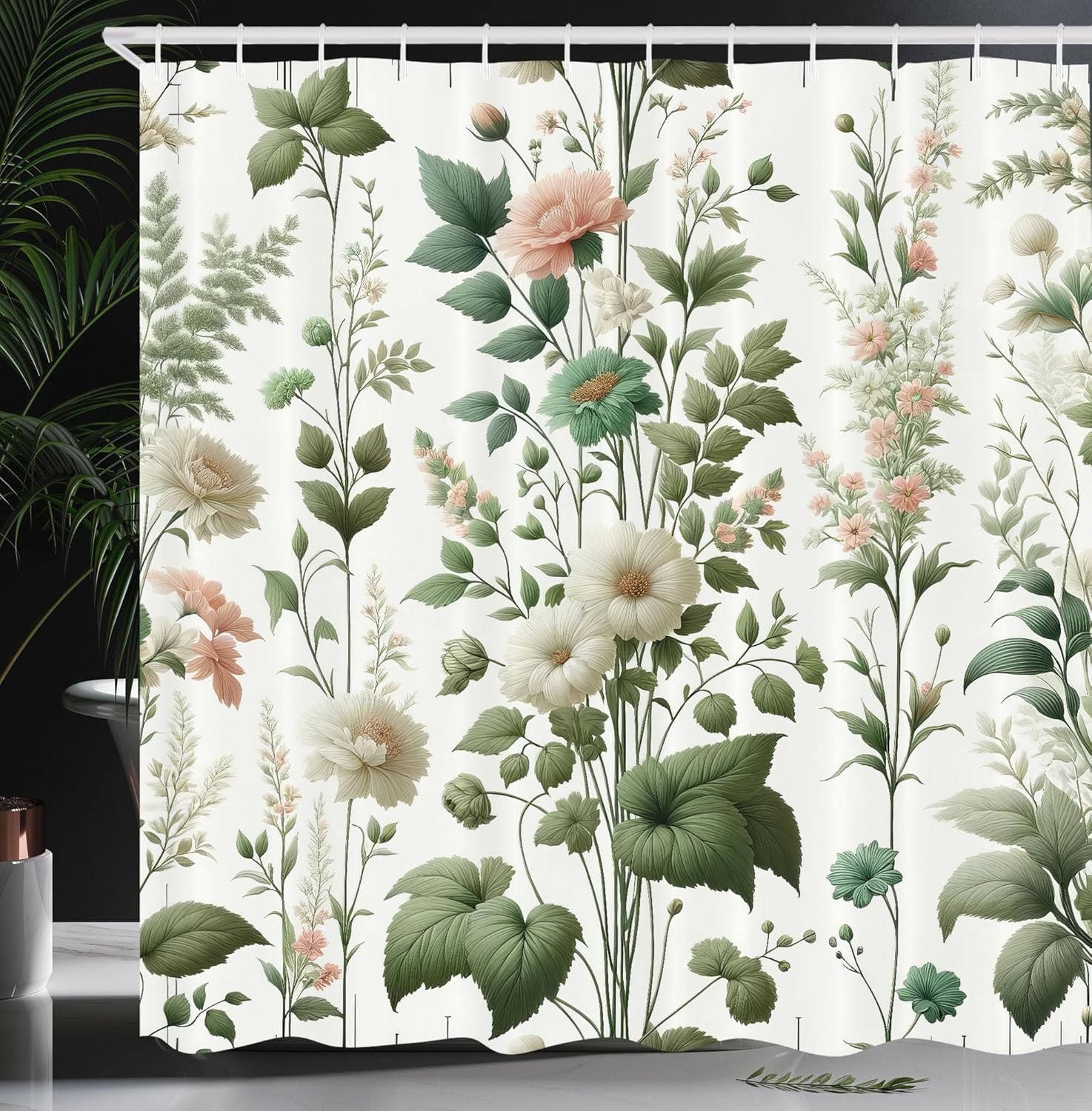 Ambesonne Green Shower Curtain, Vintage Farmhouse Themed Floral Huddles with Jungle Leaves on Plain Backdrop, Cloth Fabric Bathroom Decor Set with Hooks, 69" W x 84" L, White Multicolor