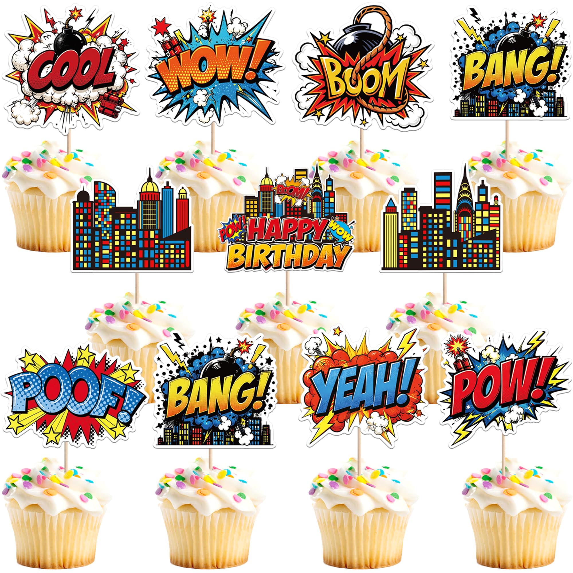 Xsstarmi 40 Pack Super Boom Cupcake Toppers Woow Cool Happy Birthday Yeah Cupcake Picks for Hero Theme Baby Shower Birthday Party Cake Decorations Supplies