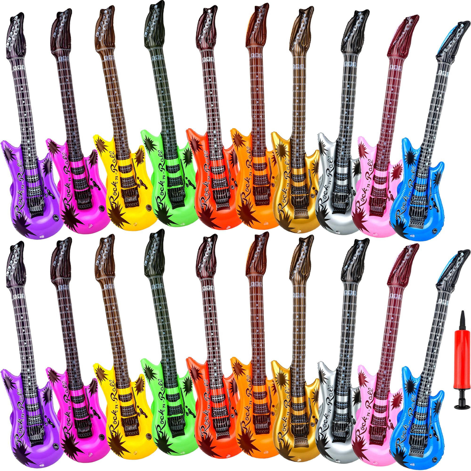 20 Pcs 36 Inch Inflatable Guitar Reusable Inflatable Guitar Toys Blow Up Guitars Rock Star Musical Props Assorted Colors with 1 Red Air Pump for Kids Birthday Karaoke Themed Party