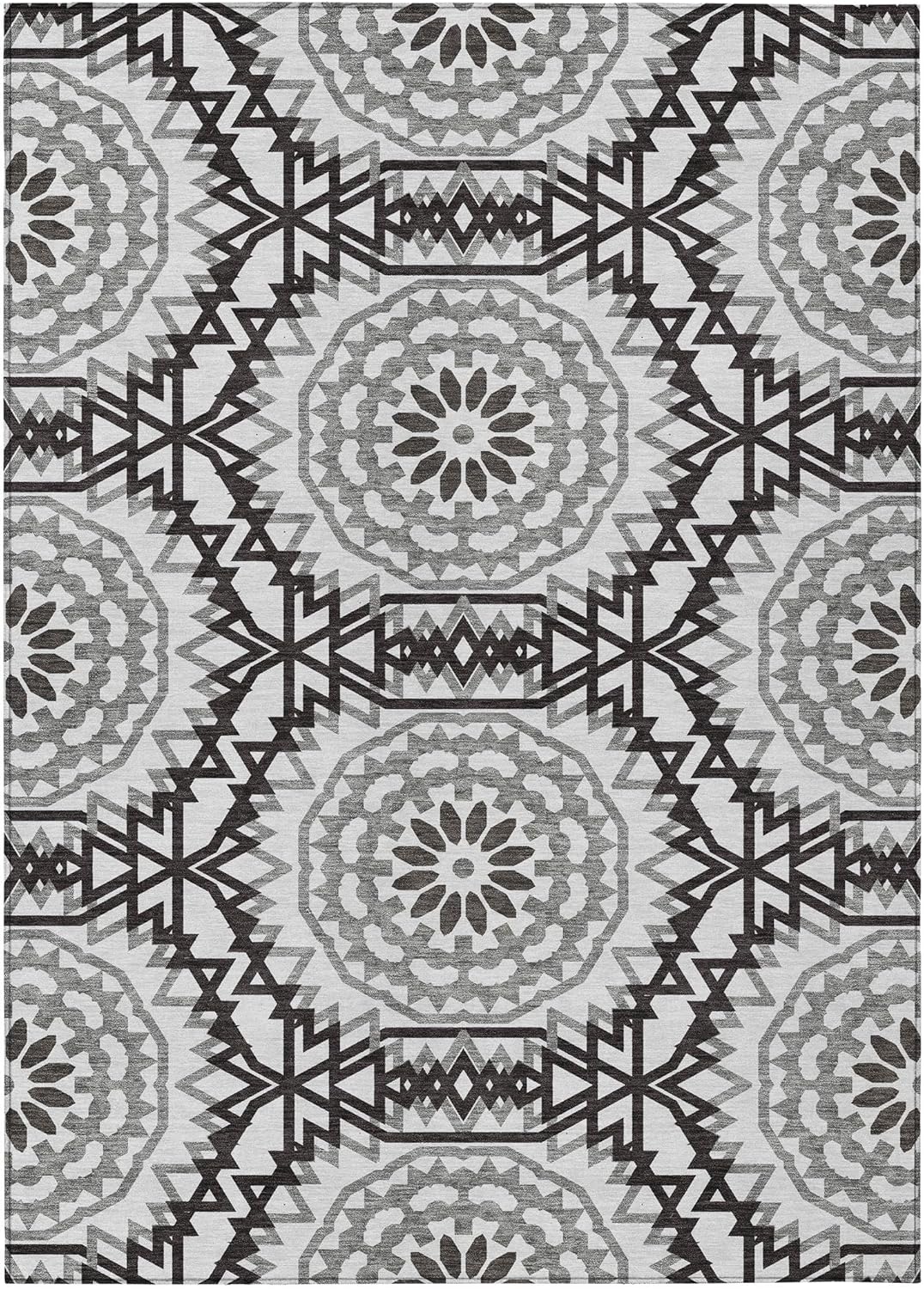 HomeRoots 3' X 5' White Black and Gray Floral Medallion Washable Indoor Outdoor Area Rug