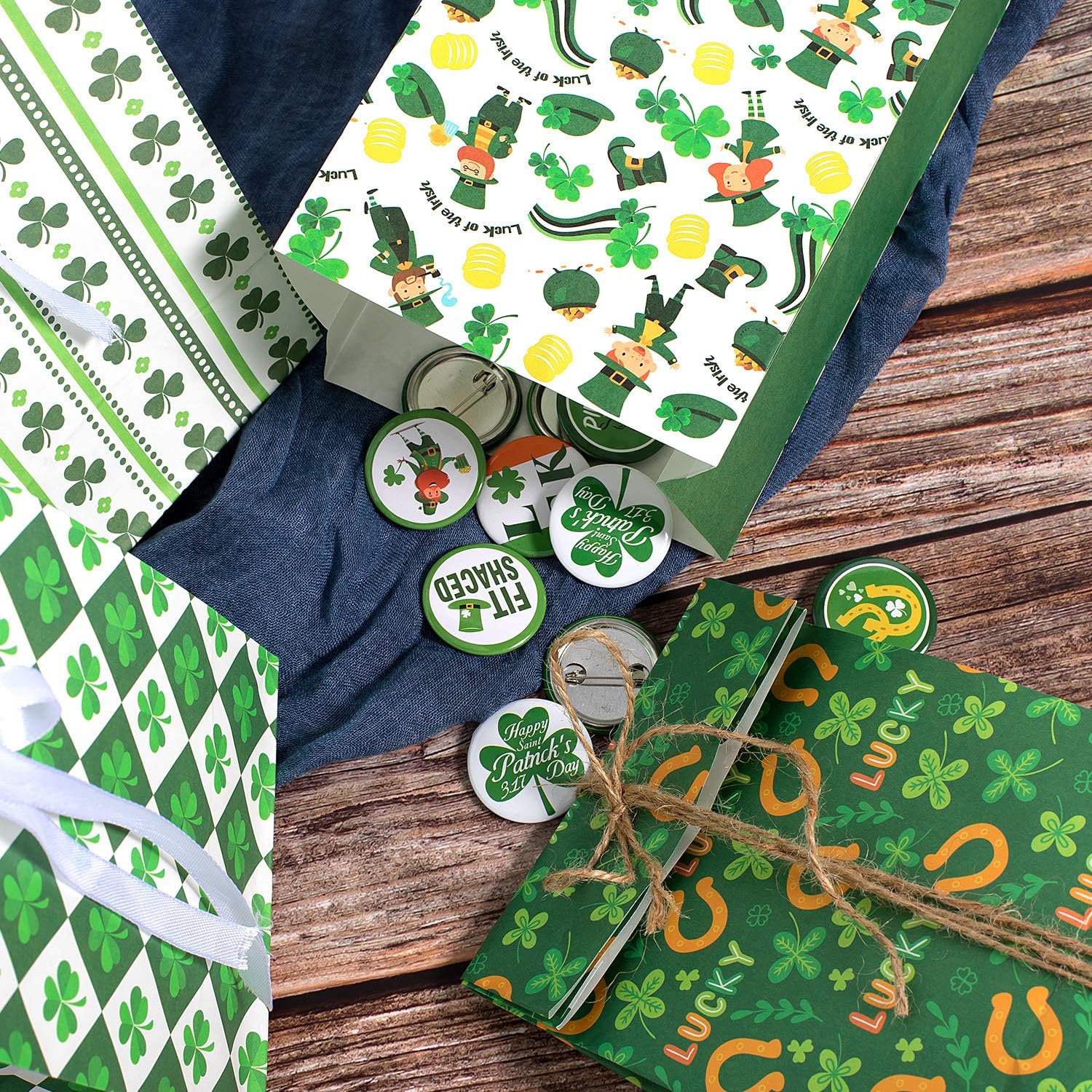 Whaline 60 Pack St. Patrick's Day Paper Gift Bag, Irish Shamrock Clover Candy Treat Bags for St Patrick's Party Favors, Birthday Supplies