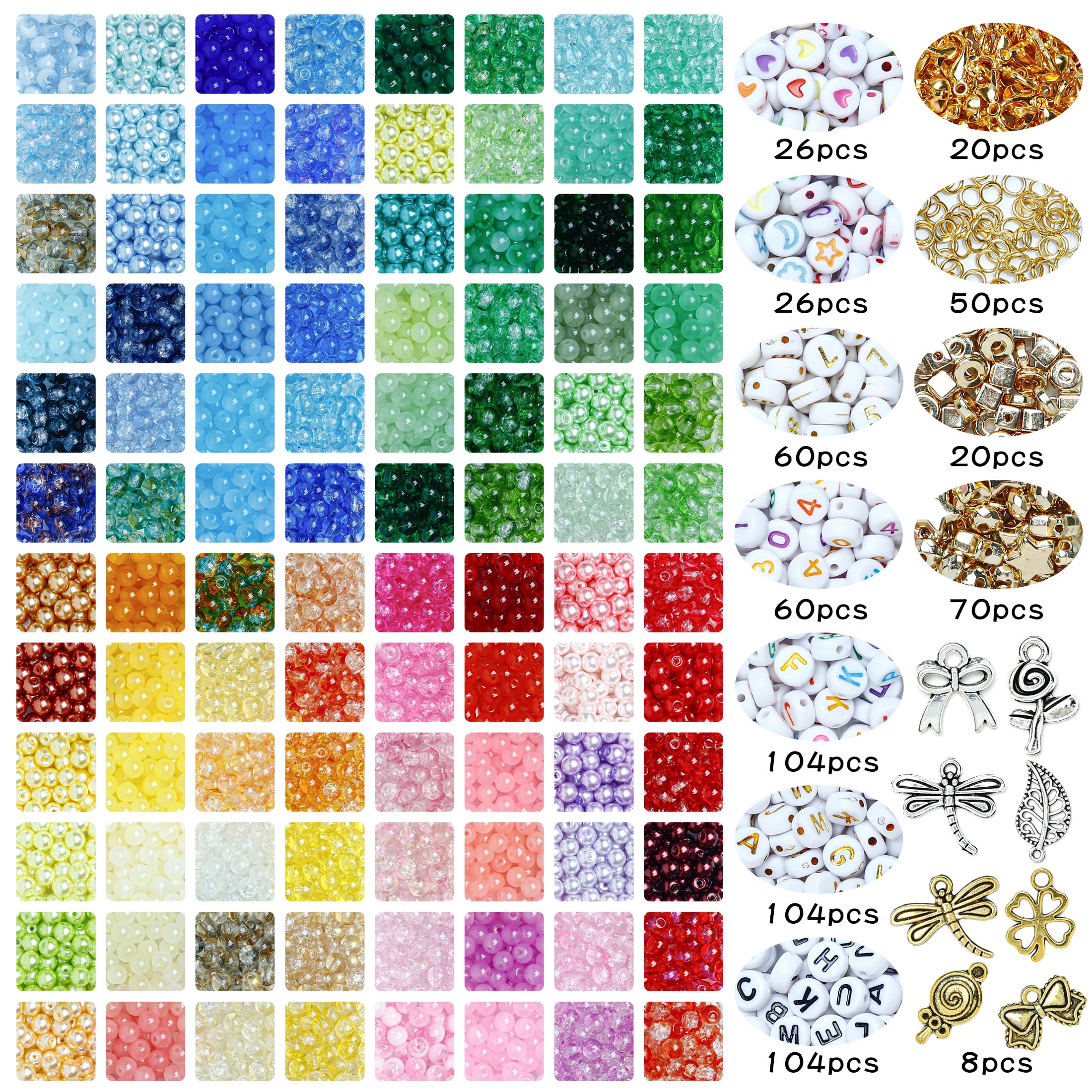 Glasperlen-Set, 6 mm, runde Perlen in 96 Farben, für Schmuckherstellung, 3056 Stück