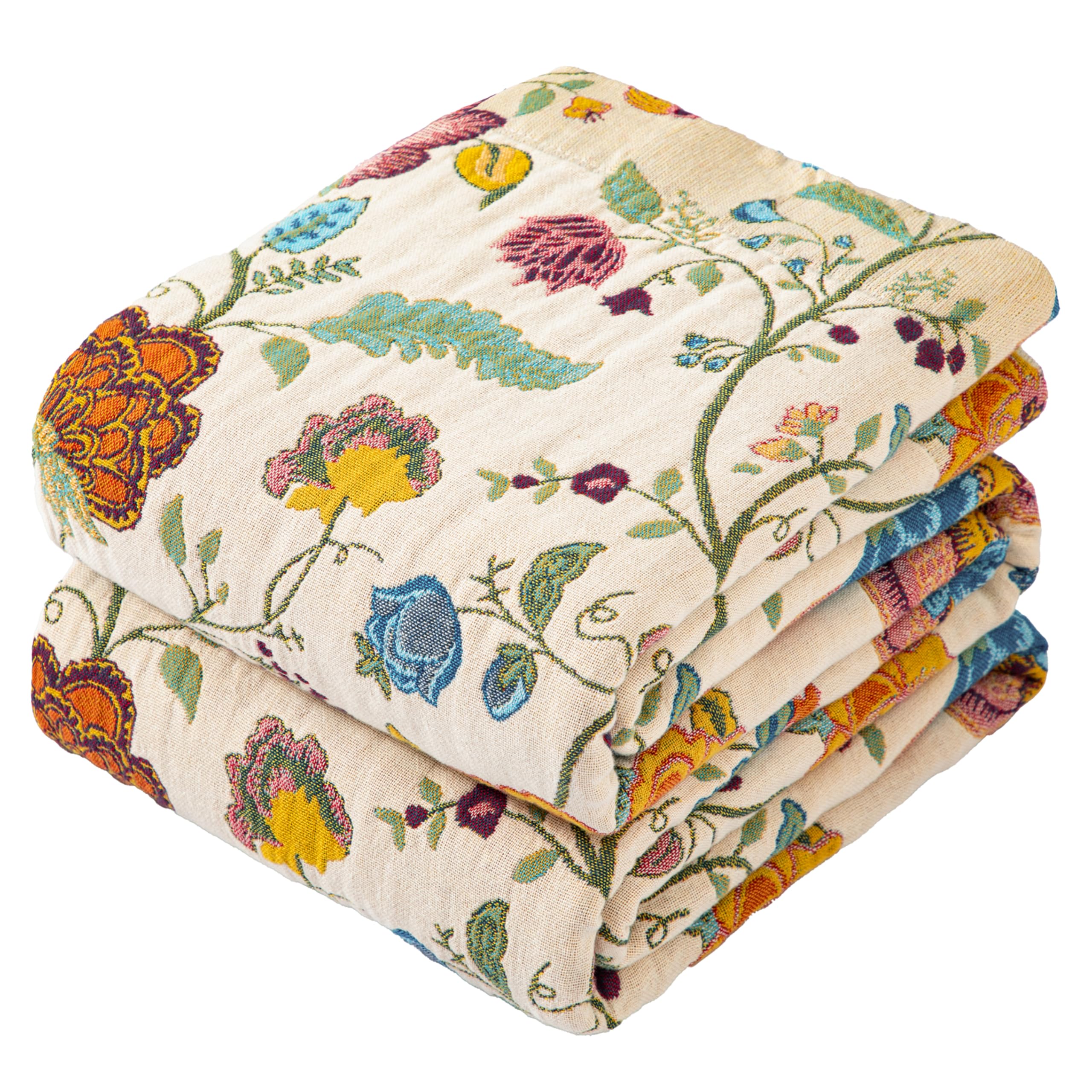 Dormilin Bohemian Throw Blanket for Sofa 150x200cm, 100% Organic Cotton Woven Picnic Blanket for Bed Couch 2-3 Seater, Soft Muslin Quilt with Floral Jacquard, Double-sided Bedspread Throws Green/White