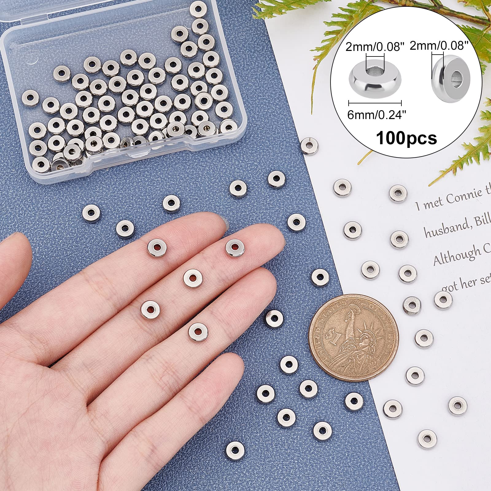 UNICRAFTALE 100Pcs 6Mm Rondelle Spacer Kralen Rvs Losse Kralen Metalen Kleine Gat Spacer Kralen Glad Oppervlak Kralen Vinden voor DIY Armband Ketting
