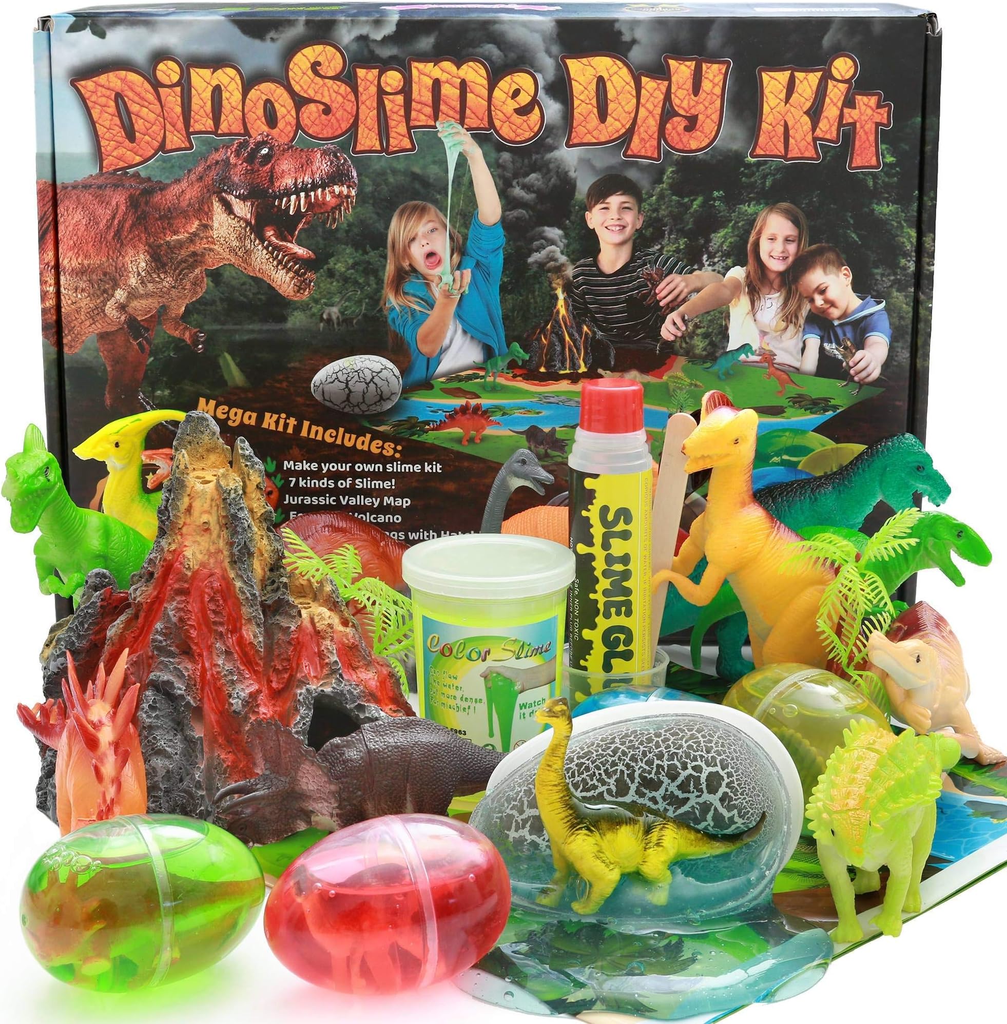 DinoSlime Mega Slime Kit for Boys - 12 Dinosaurs, Volcano, 5 Dino Eggs That Hatch, Play Mat, Slime DIY Kit