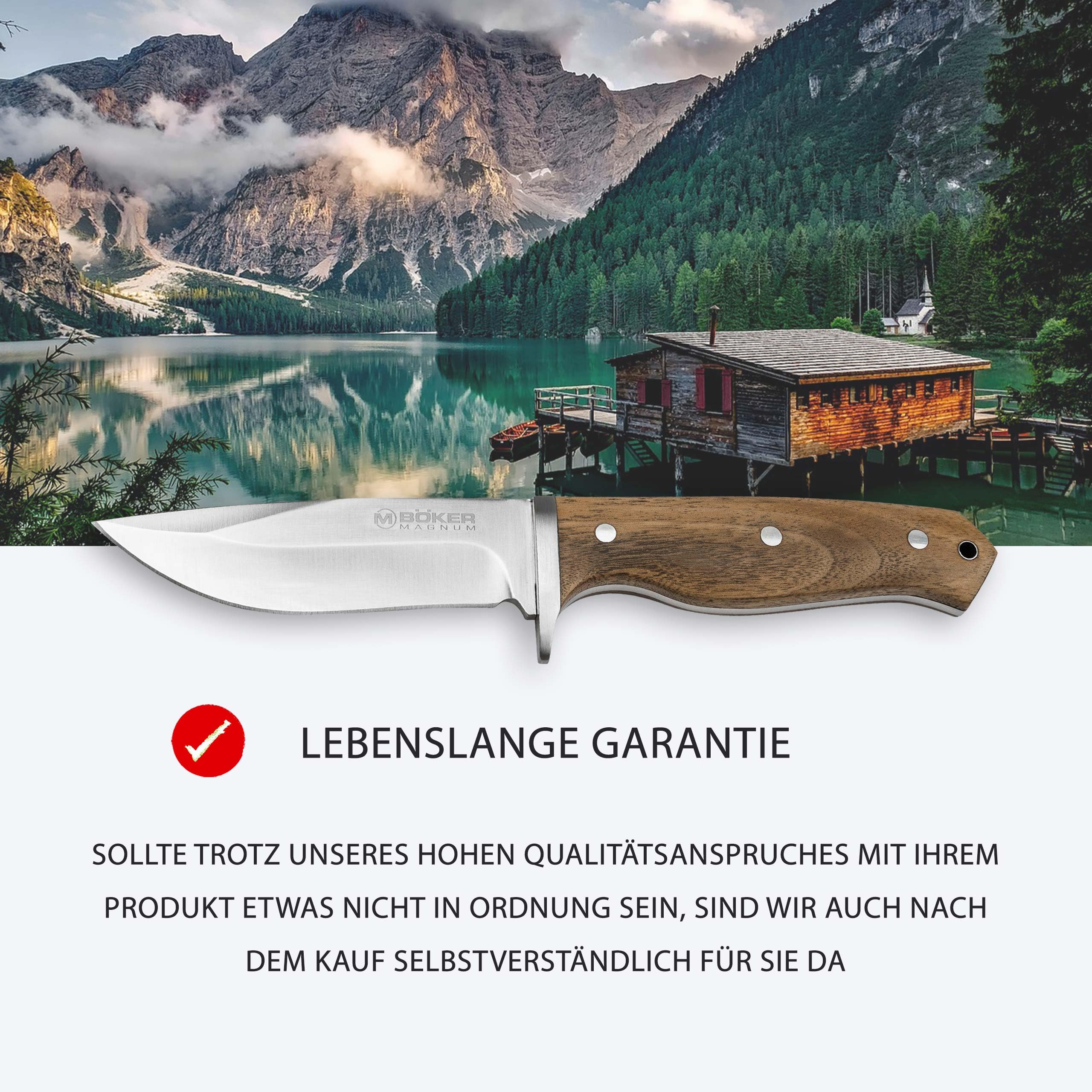 Magnum® Walnut Drop Fixed Knife - Fahrtenmesser mit feststehender Klinge unter 12 cm - Jagdmesser Holzgriff & Scheide - feststehendes Full Tang Outdoor Messer mit Parierelement für Pfadfinder