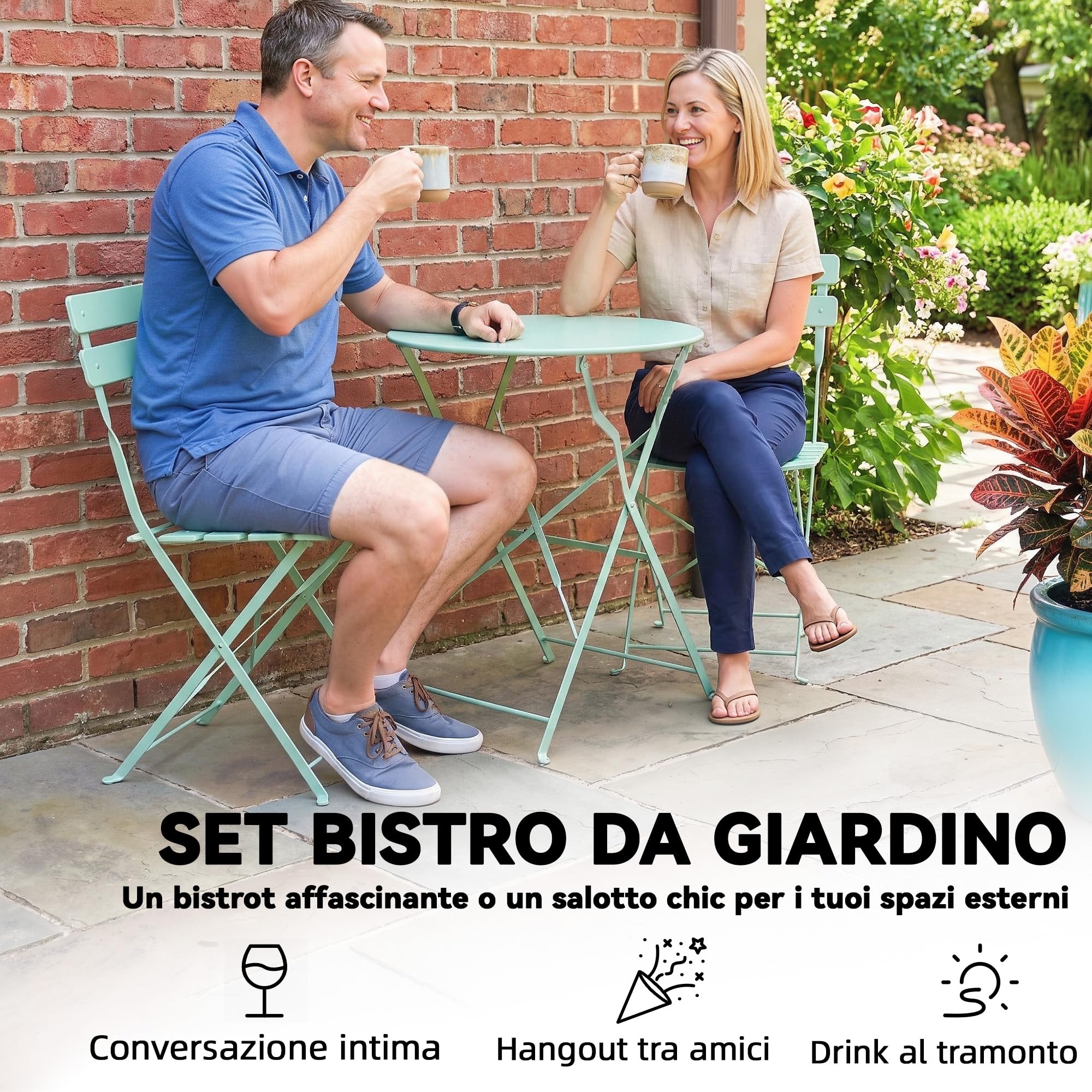 Outsunny Set da Bistrò Pieghevole da 3 Pezzi, Set da Giardino con 2 Sedie, Tavolo Rotondo, Struttura Metallo Antiruggine, Set di Mobili da Giardino per Patio Balcone, Verde Chiaro