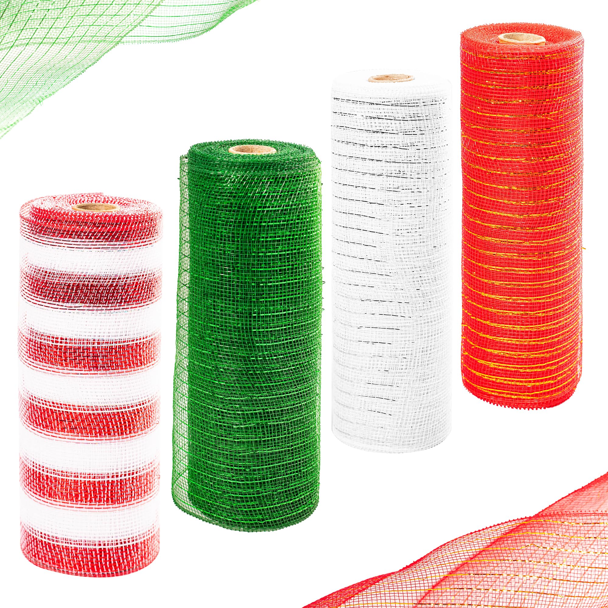 4 Rolls x 10 Yards Deco Mesh Rolls for Wreath Making - 10 Inch Stripe Red White Green Poly Mesh Rolls for Christmas Tree Wreath Garland Craft Decorations